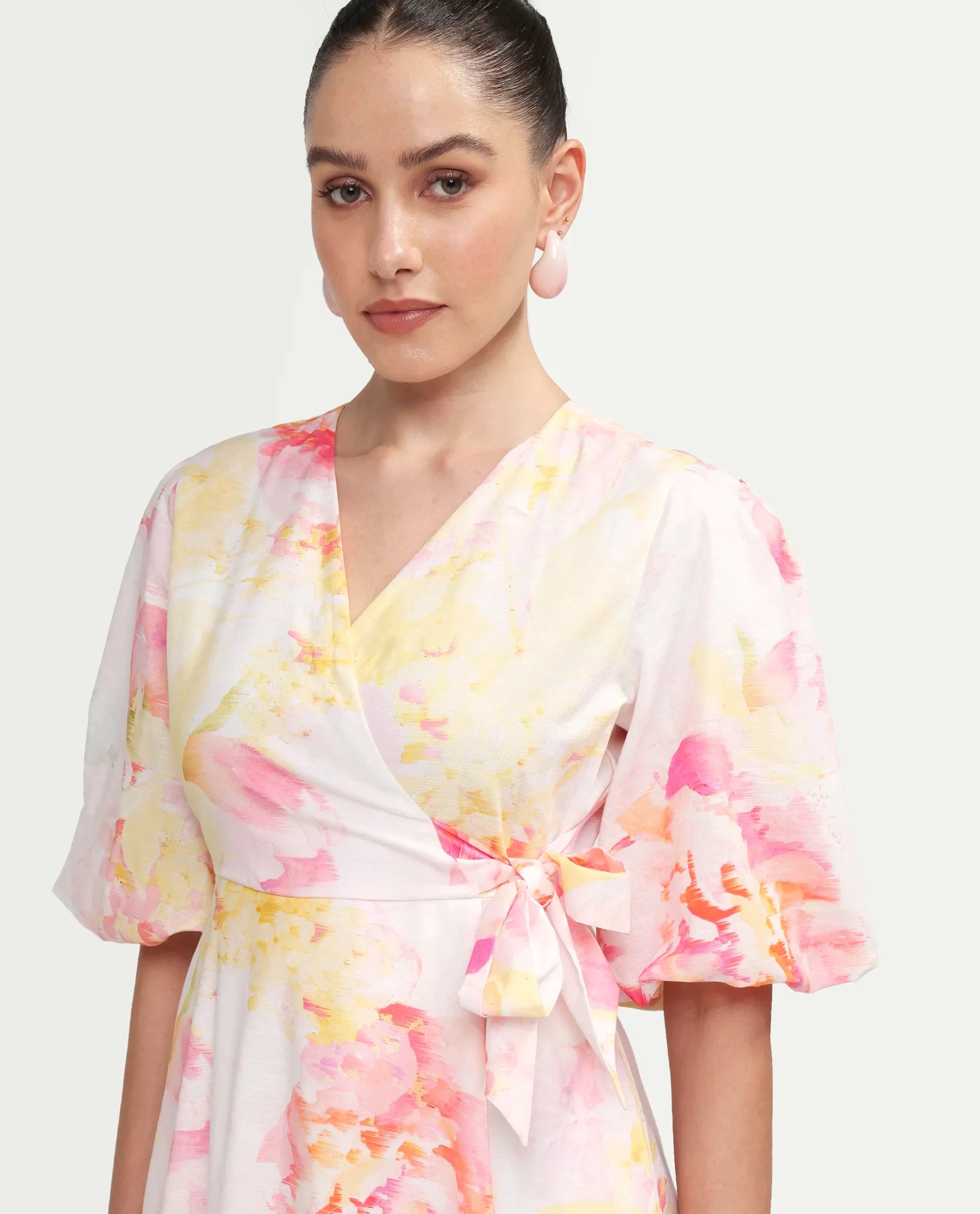 Rareism Women's Mizi Multi Cotton Half Sleeve Over Lap Flared Floral Print Dress