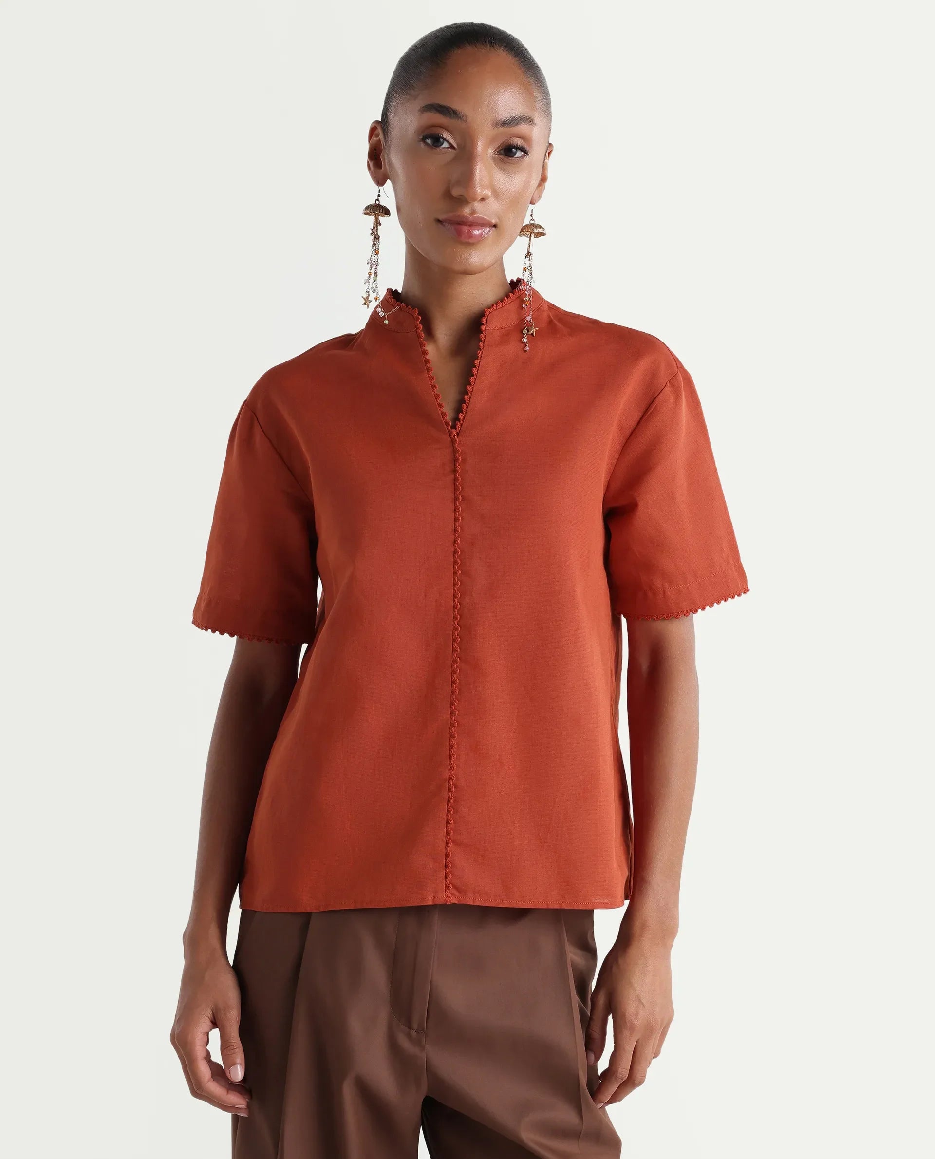 Rareism Women's Mony Rust Cotton Blend Half Sleeve Mandarin Collar Regular Top