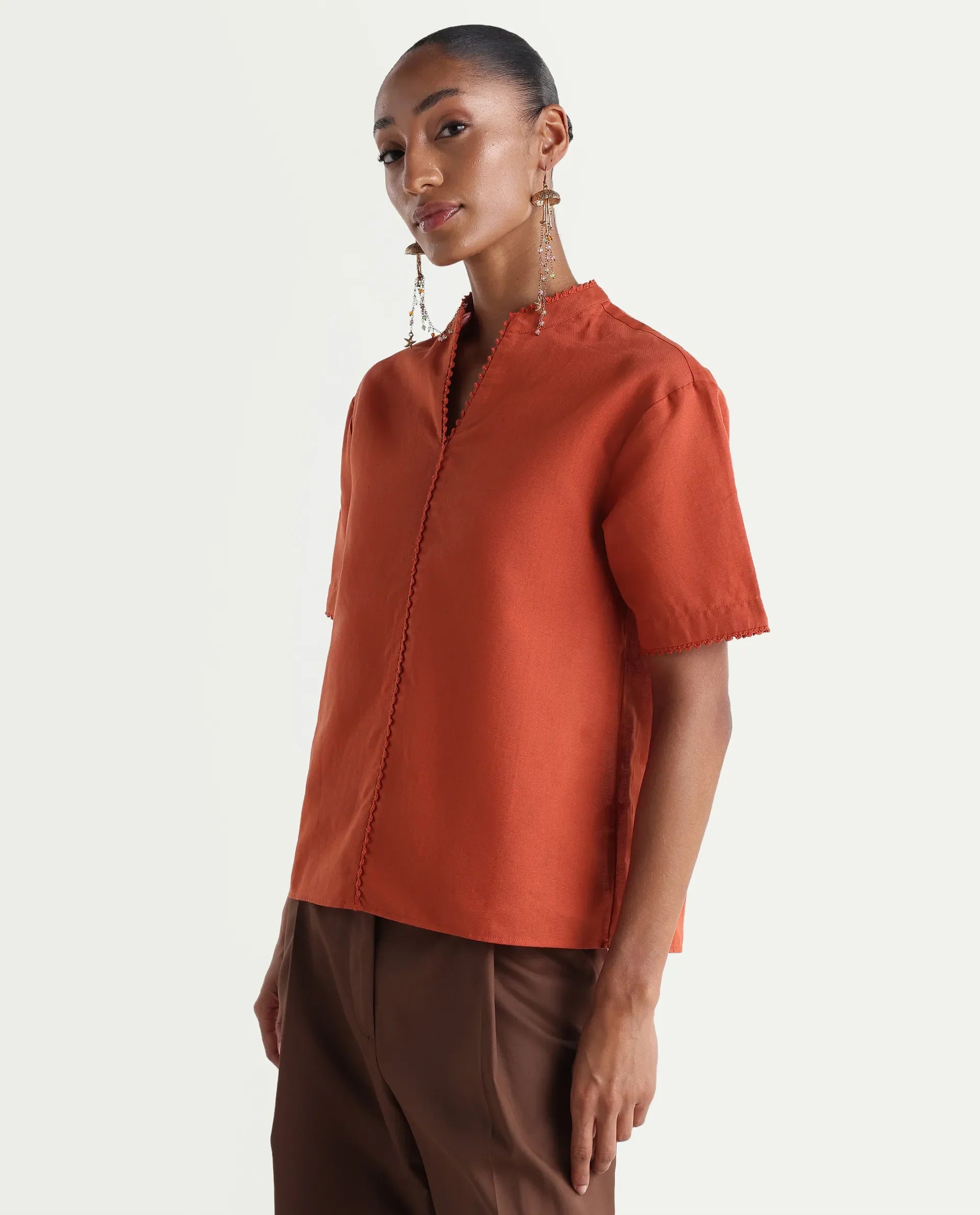 Rareism Women's Mony Rust Cotton Blend Half Sleeve Mandarin Collar Regular Top