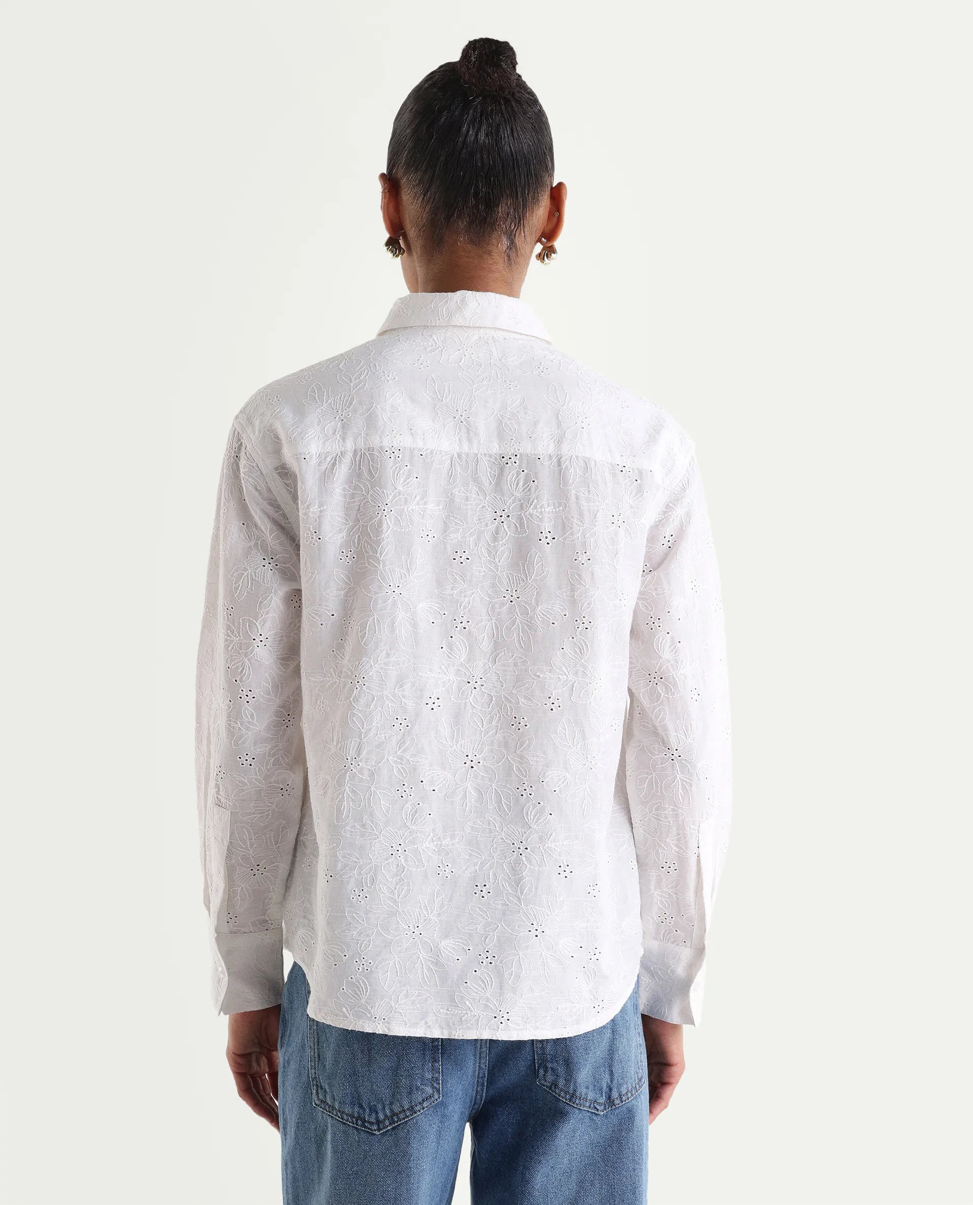 Rareism Women's Ruco Primary White Cotton Full Sleeve Spread Collar Relaxed Fit Shirt