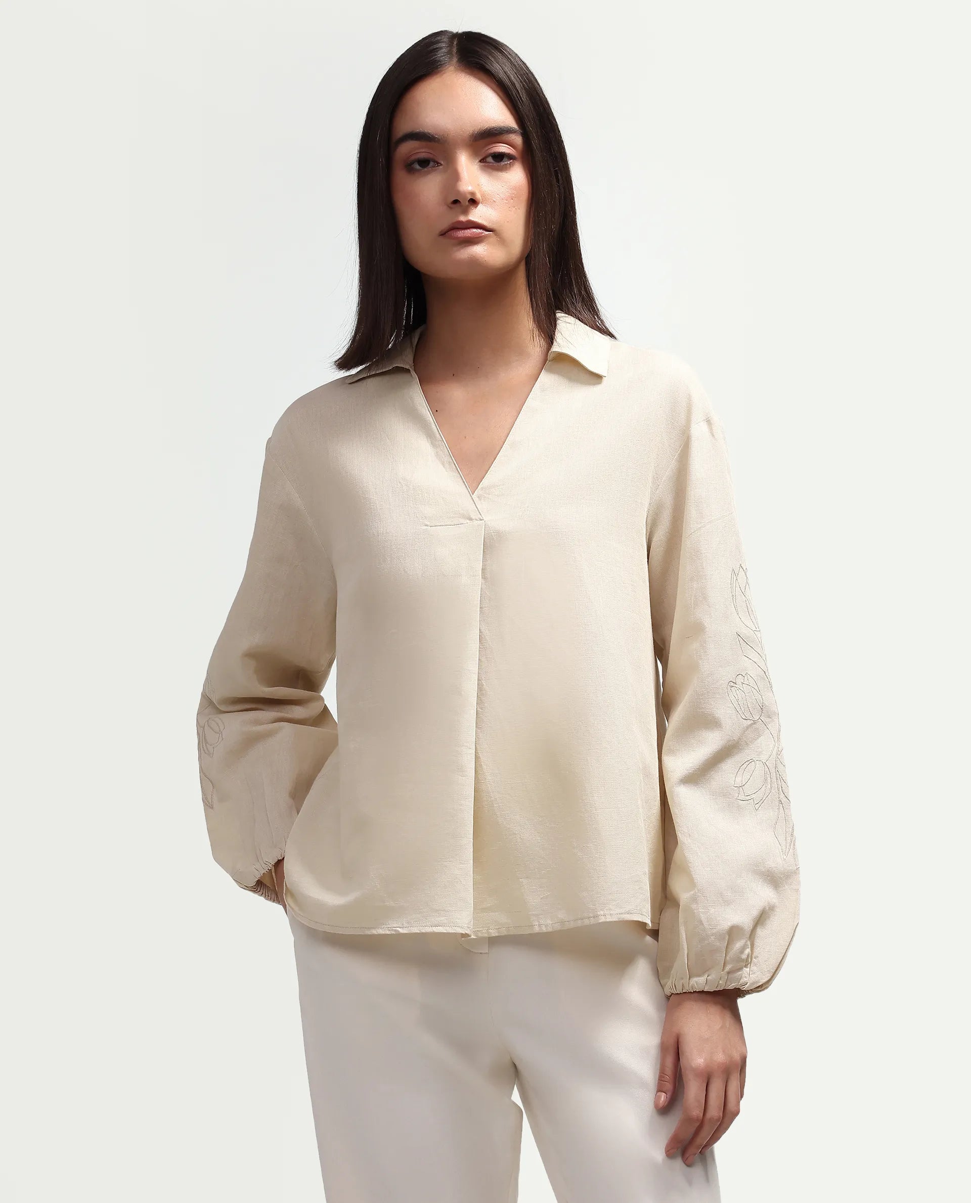 Rareism Women's Ruemb Beige Linen Blend Johnny Collar Relaxed Plain Top