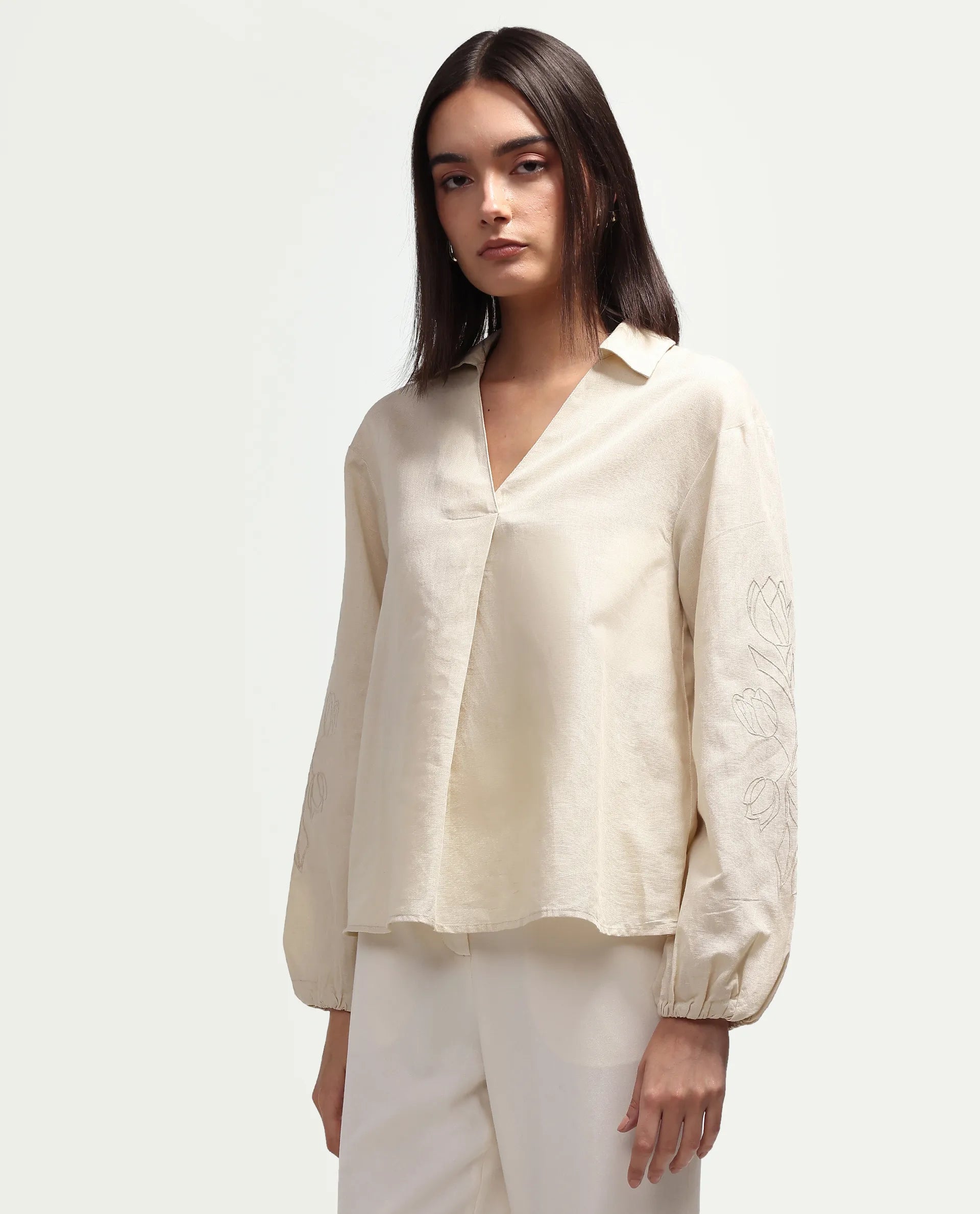 Rareism Women's Ruemb Beige Linen Blend Johnny Collar Relaxed Plain Top