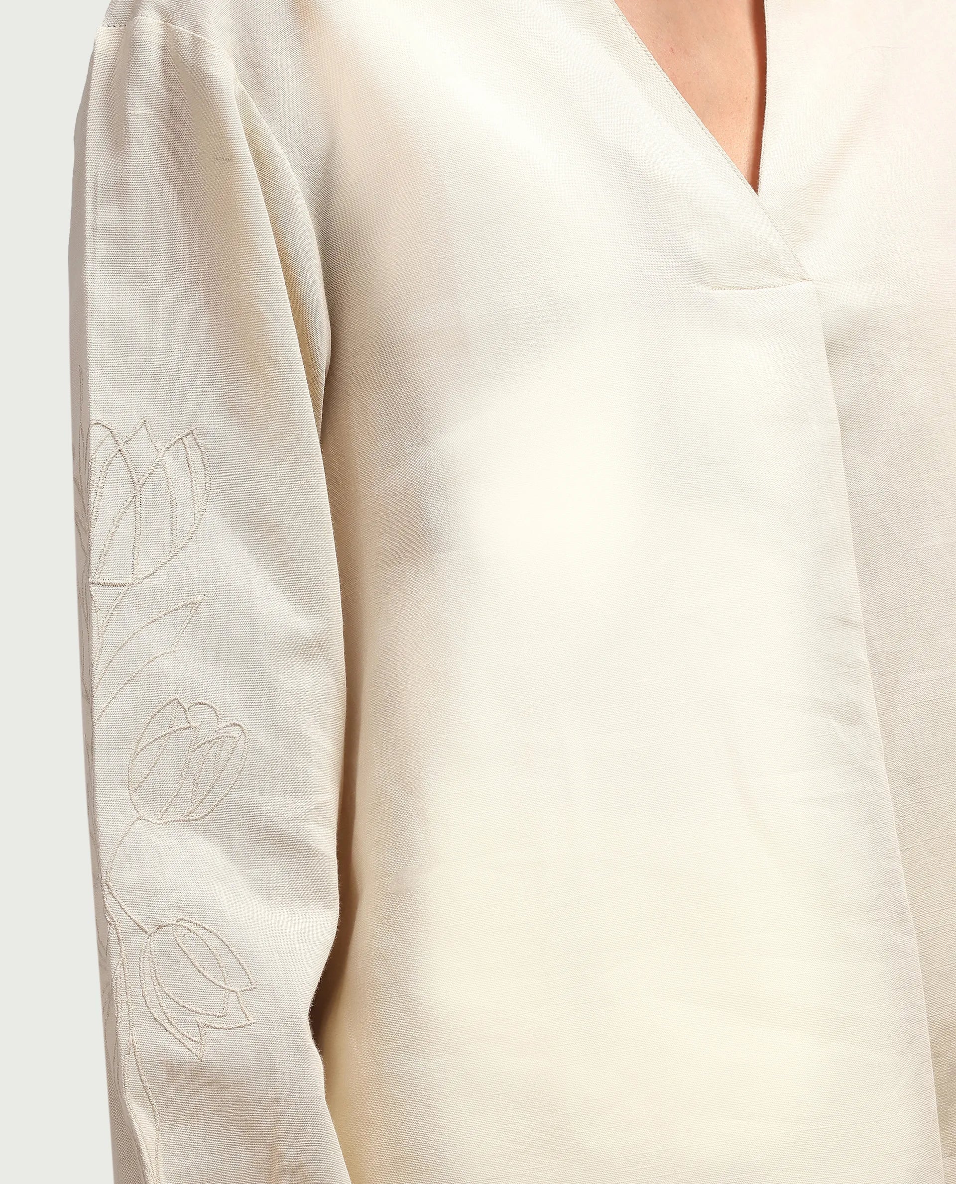 Rareism Women's Ruemb Beige Linen Blend Johnny Collar Relaxed Plain Top