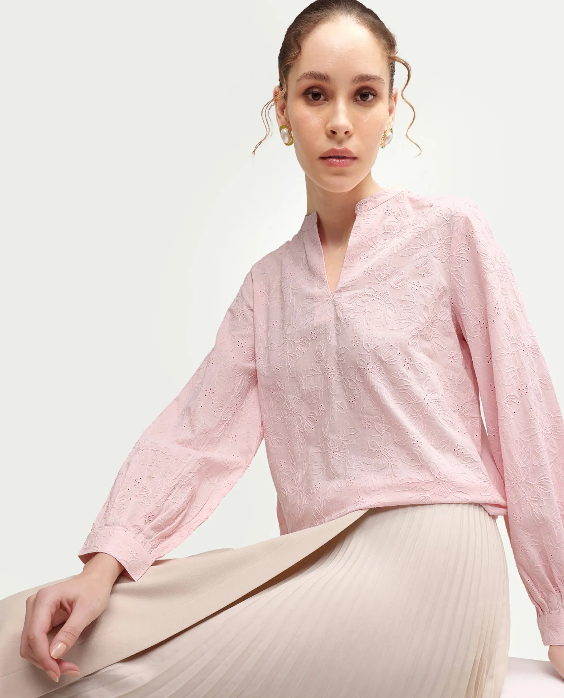 Rareism Women's Rufo Pastel Pink Cotton Full Sleeve Band Collar Regular Fit Top