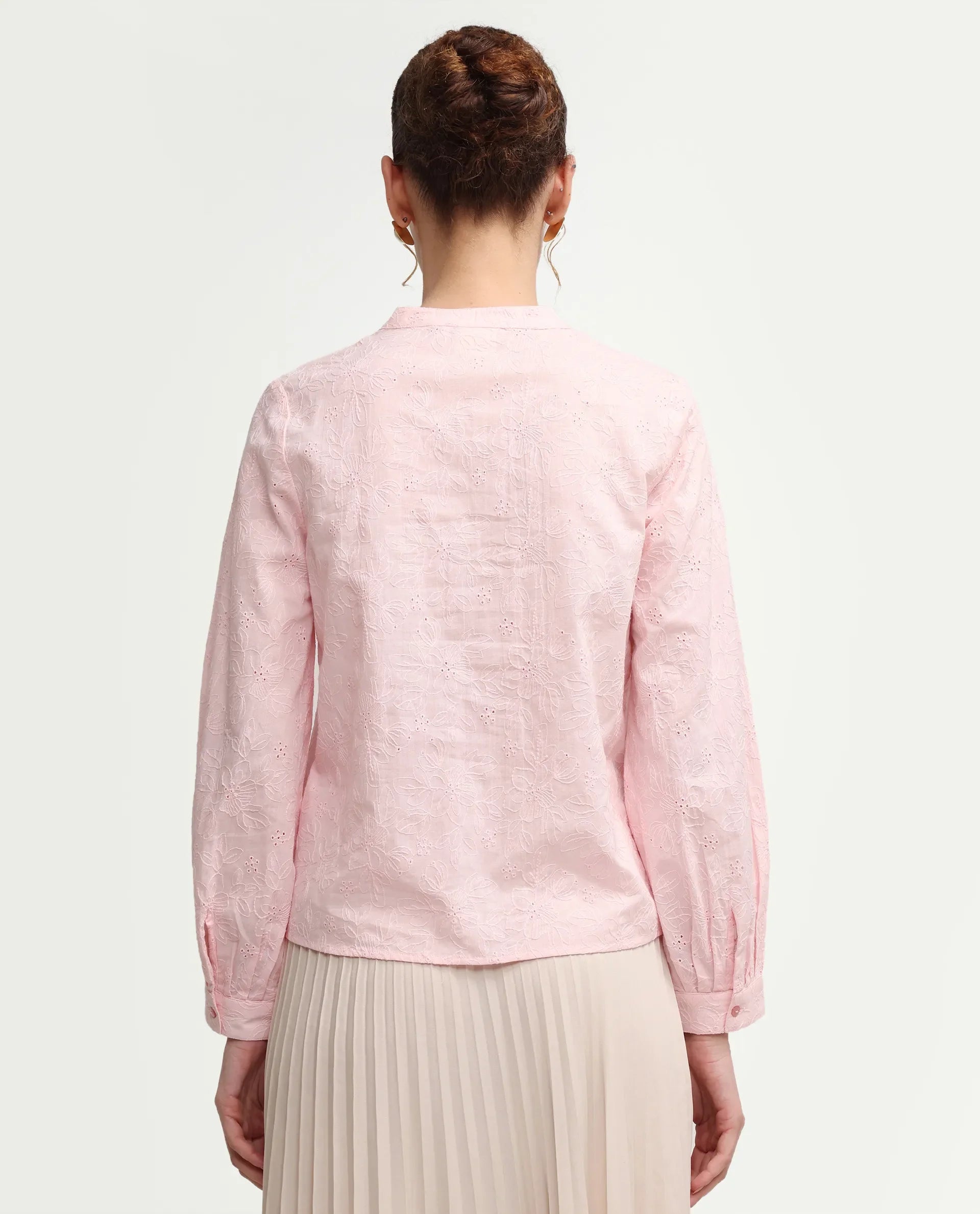 Rareism Women's Rufo Pastel Pink Cotton Full Sleeve Band Collar Regular Fit Top