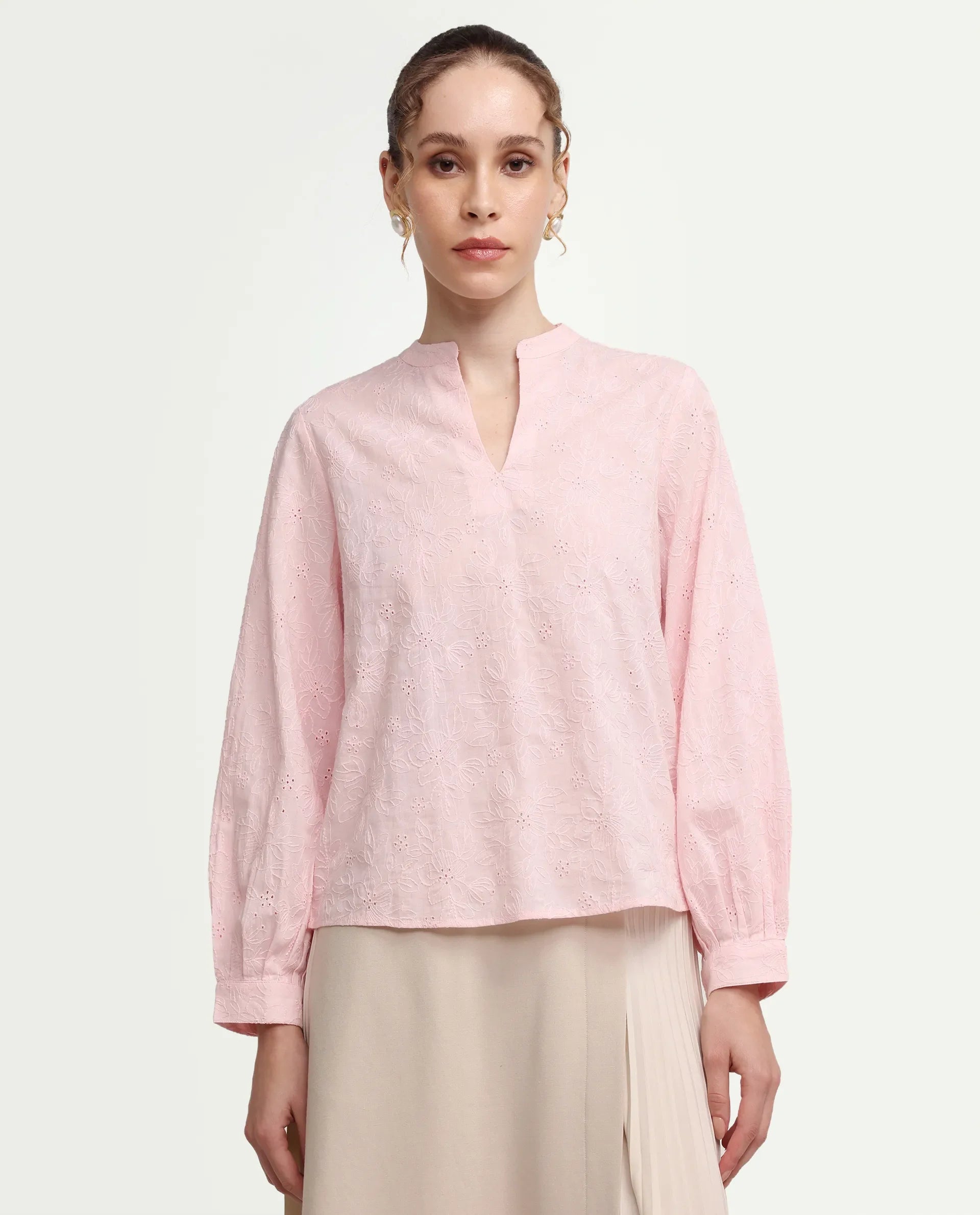 Rareism Women's Rufo Pastel Pink Cotton Full Sleeve Band Collar Regular Fit Top