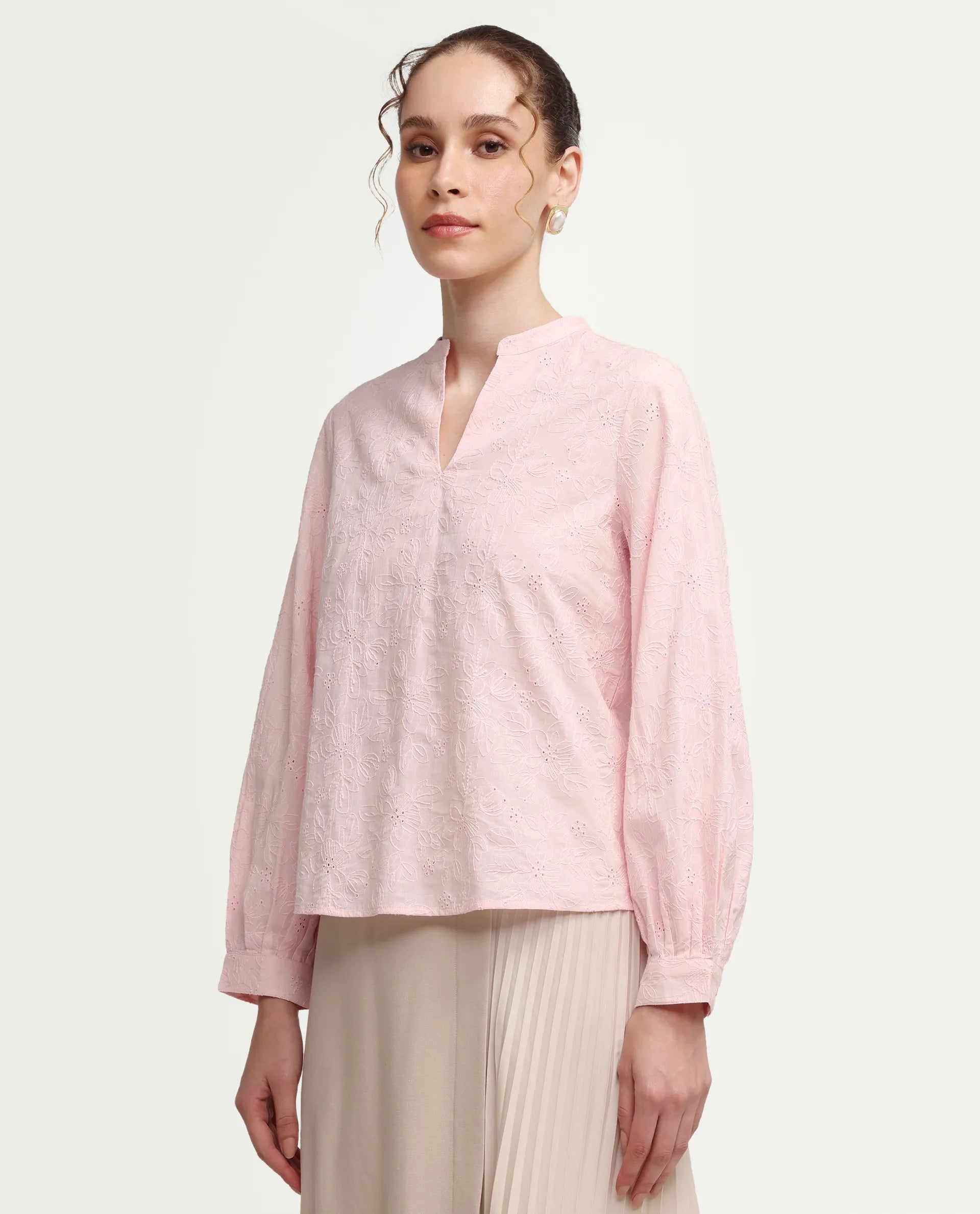 Rareism Women's Rufo Pastel Pink Cotton Full Sleeve Band Collar Regular Fit Top