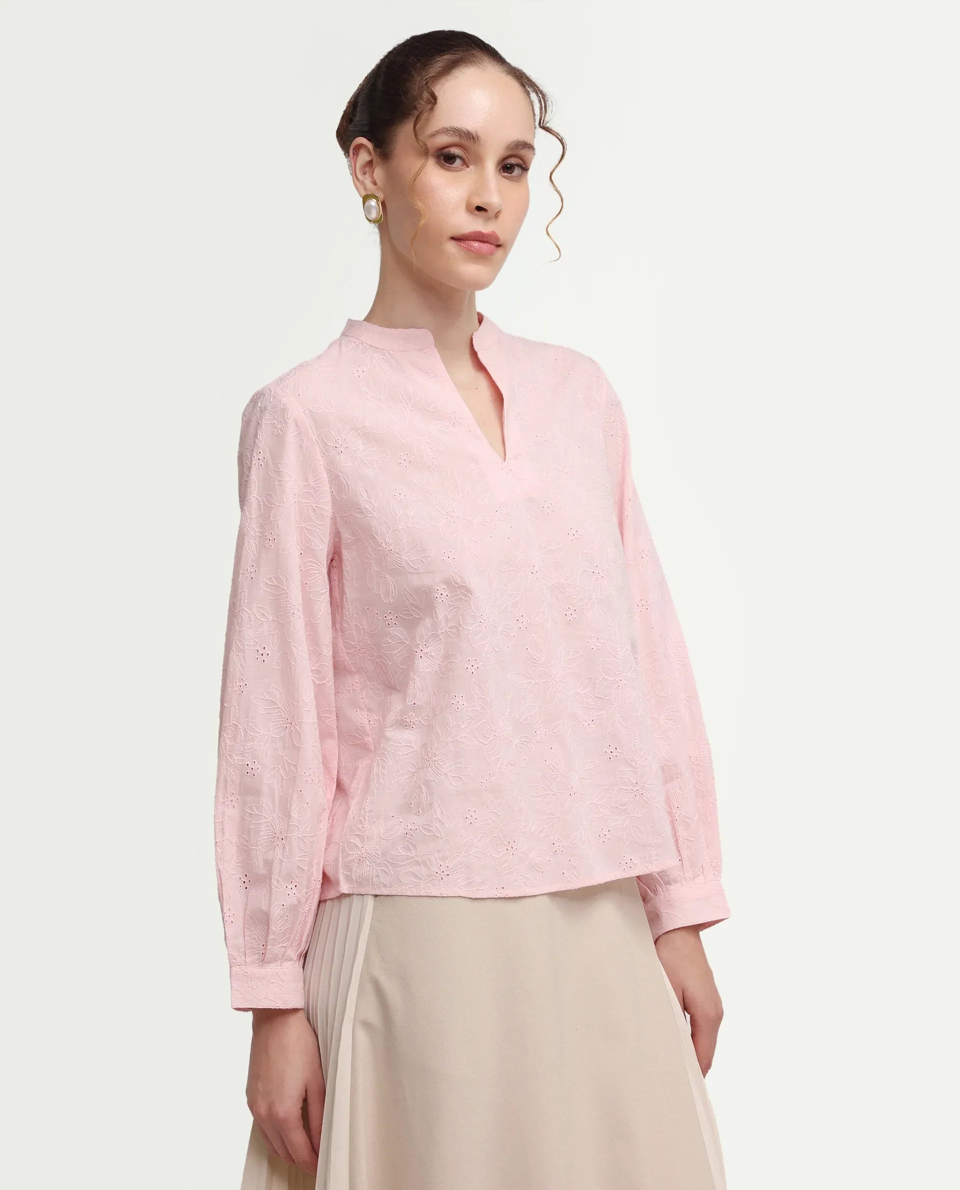 Rareism Women's Rufo Pastel Pink Cotton Full Sleeve Band Collar Regular Fit Top