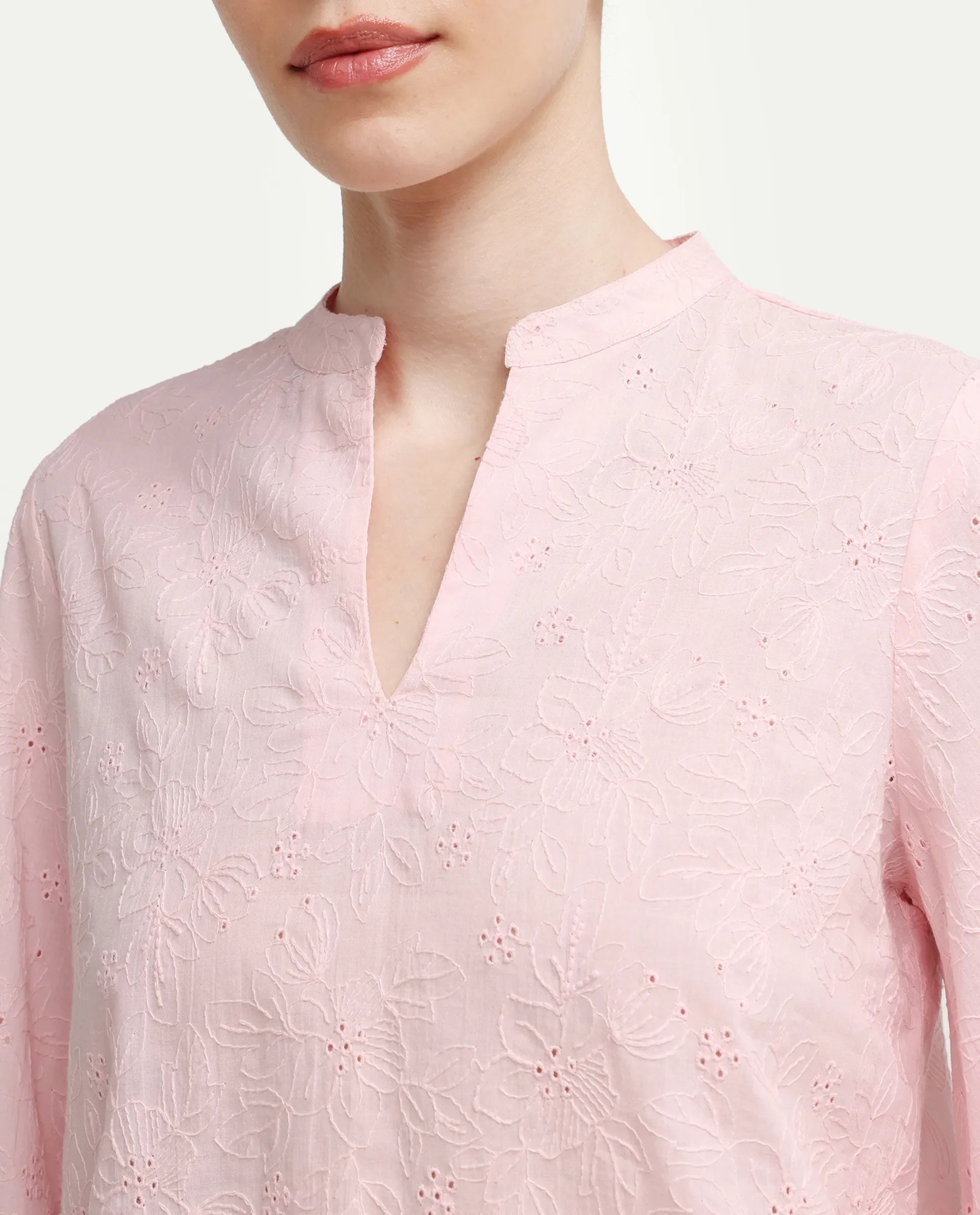 Rareism Women's Rufo Pastel Pink Cotton Full Sleeve Band Collar Regular Fit Top