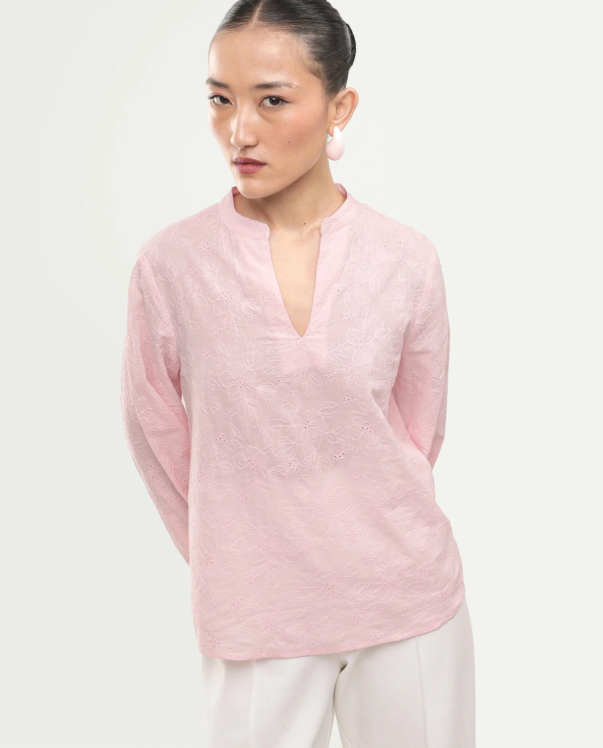 Rareism Women's Rufo Pastel Pink Cotton Full Sleeve Band Collar Regular Fit Top