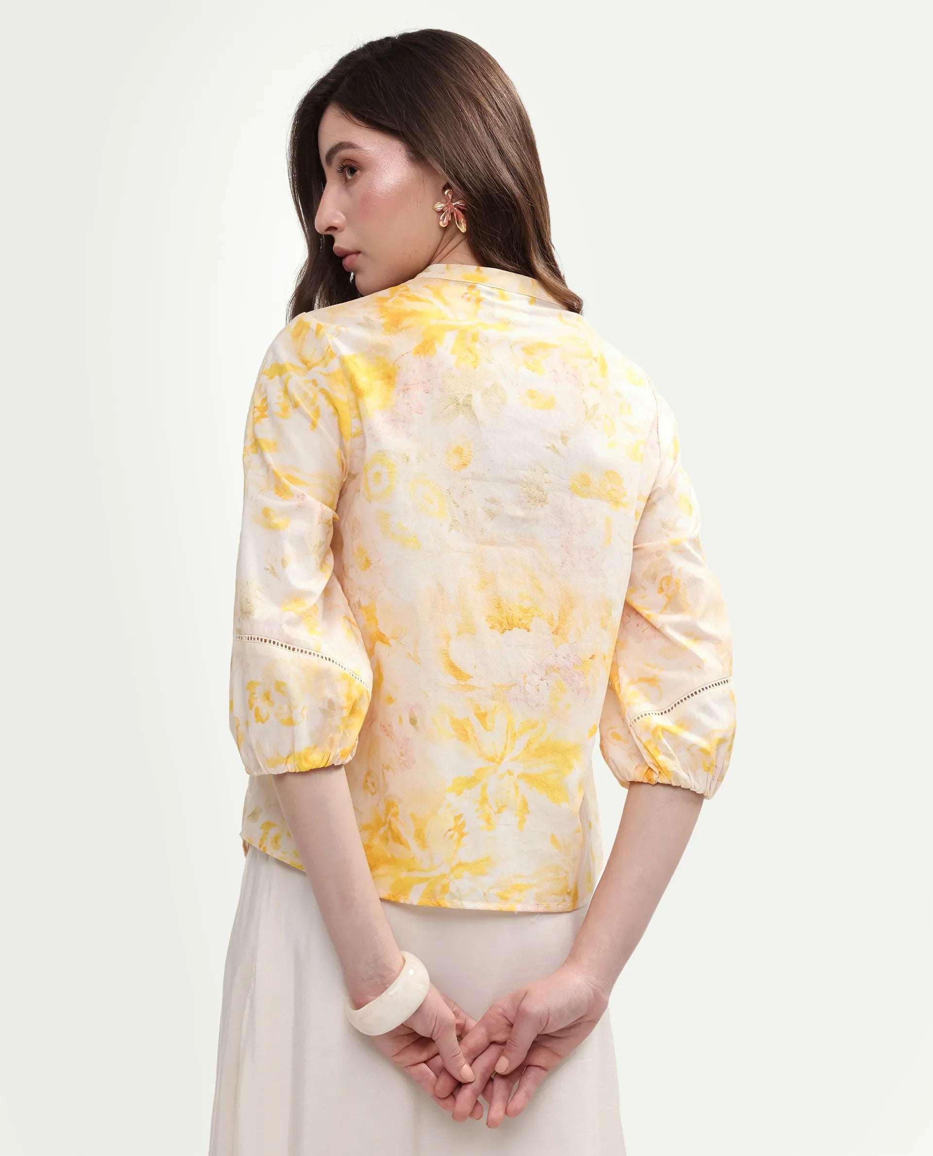 Rareism Women's Runes Yellow Cotton Band Collar Regular Floral Print Top