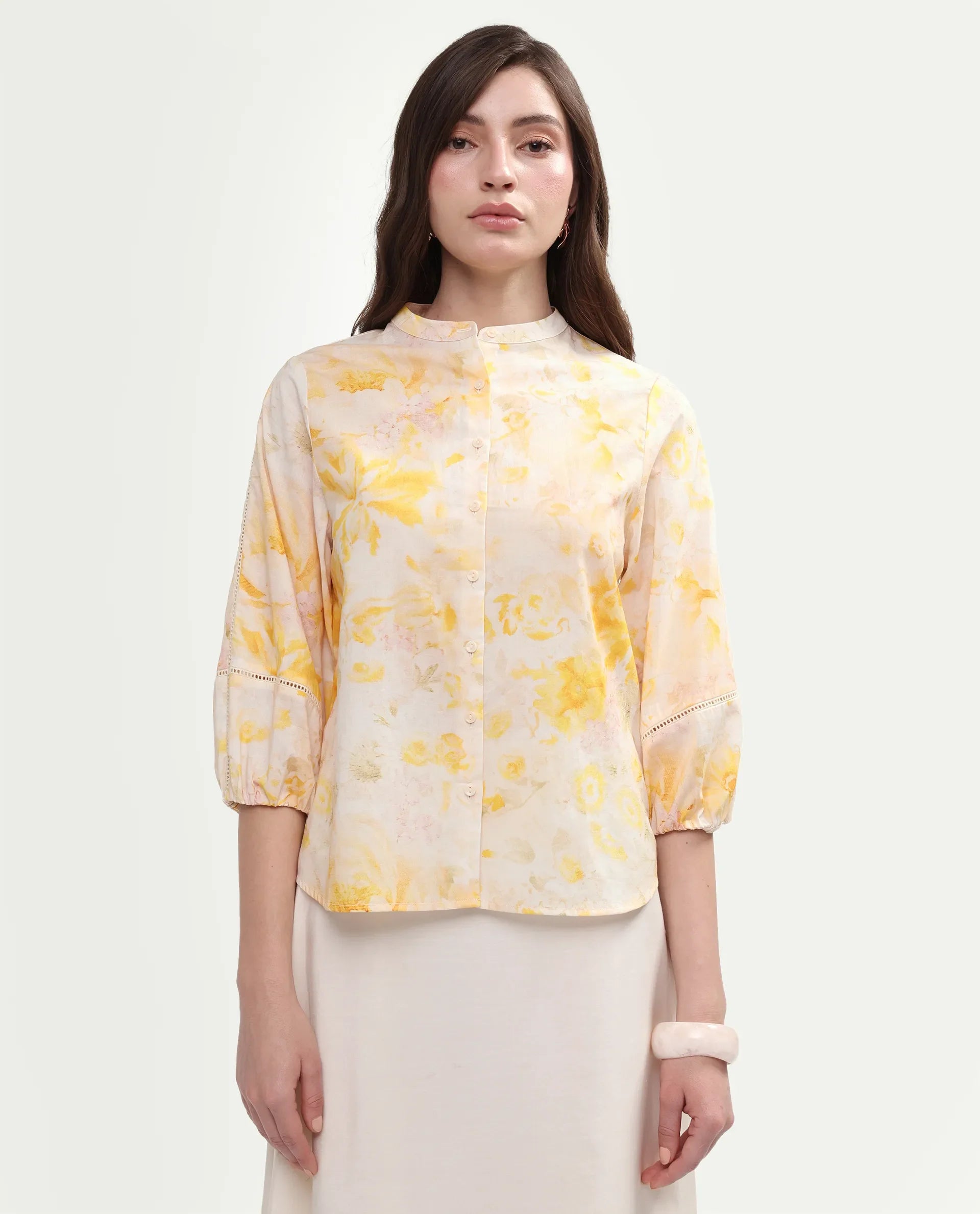 Rareism Women's Runes Yellow Cotton Band Collar Regular Floral Print Top