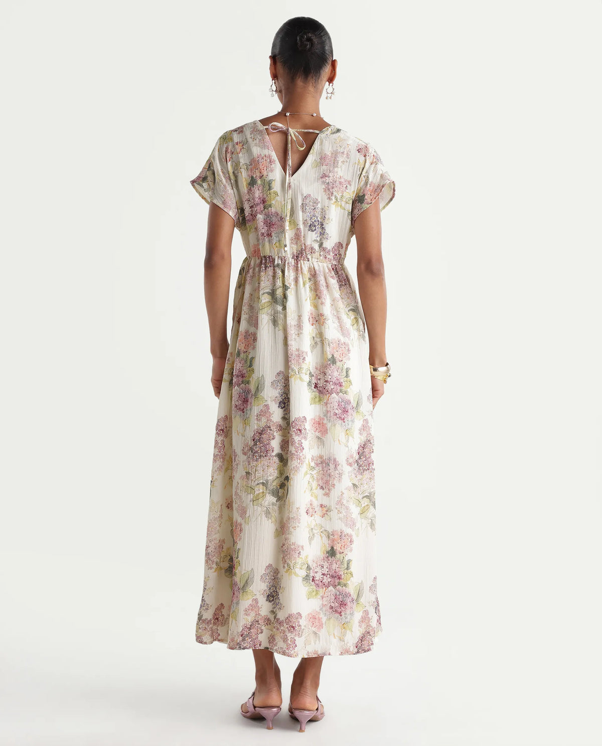 Rareism Women's Runim Light Beige Polyester V-Neck Fit And Flare Floral Print Dress