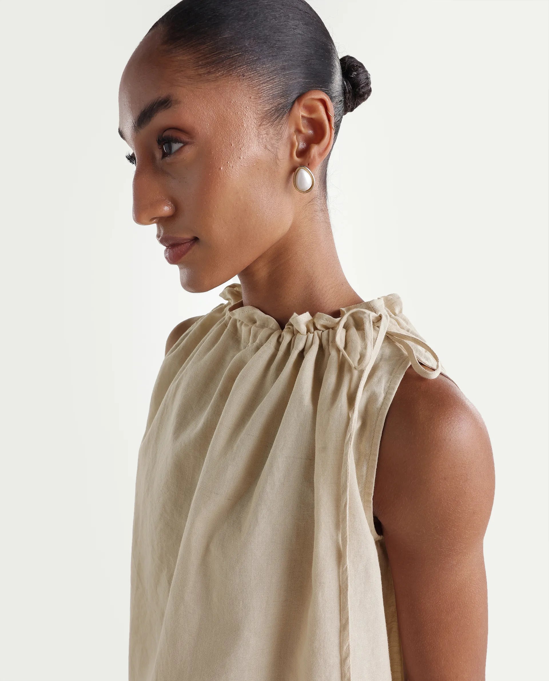 Rareism Women's Russo Beige Linen Blend Ruffled Neck Relaxed Plain Top