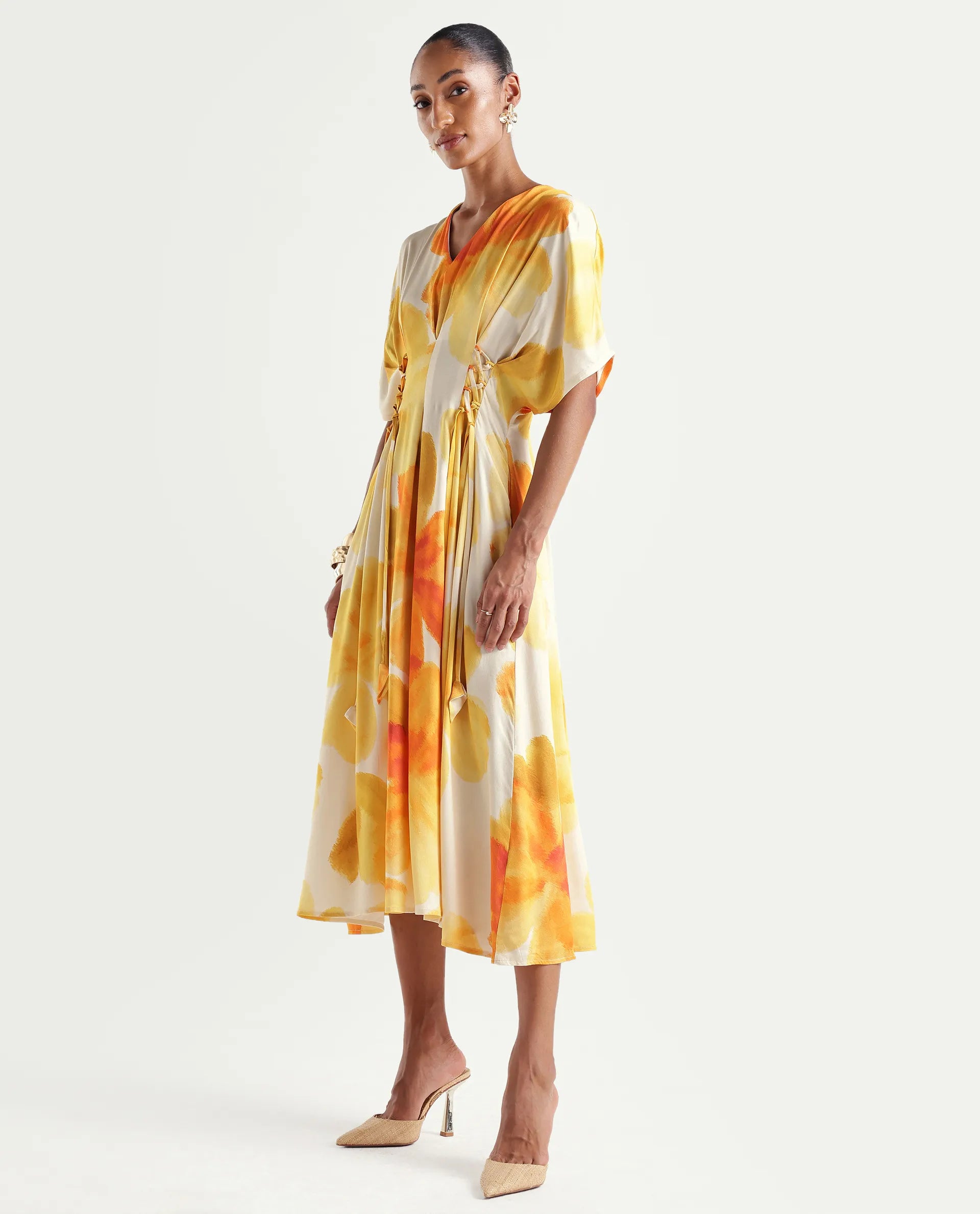 Rareism Women's Ruves Yellow Cotton Satin V-Neck Fit And Flare Floral Print Dress