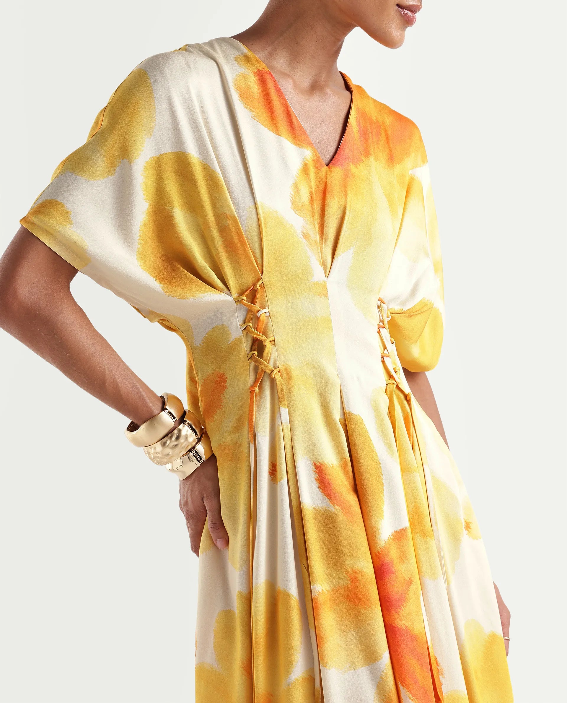 Rareism Women's Ruves Yellow Viscose V-Neck Fit And Flare Floral Print Dress