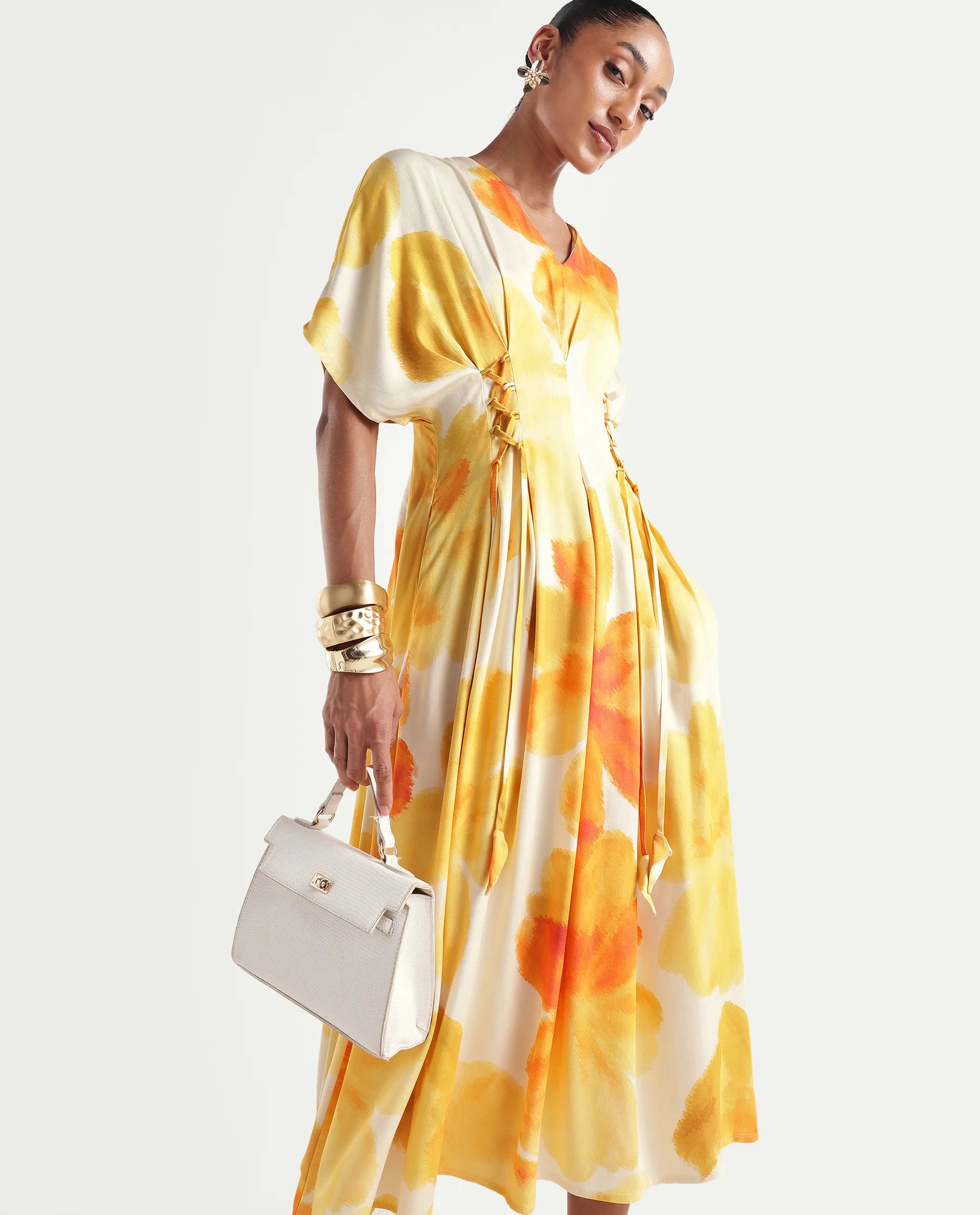 Rareism Women's Ruves Yellow Viscose V-Neck Fit And Flare Floral Print Dress