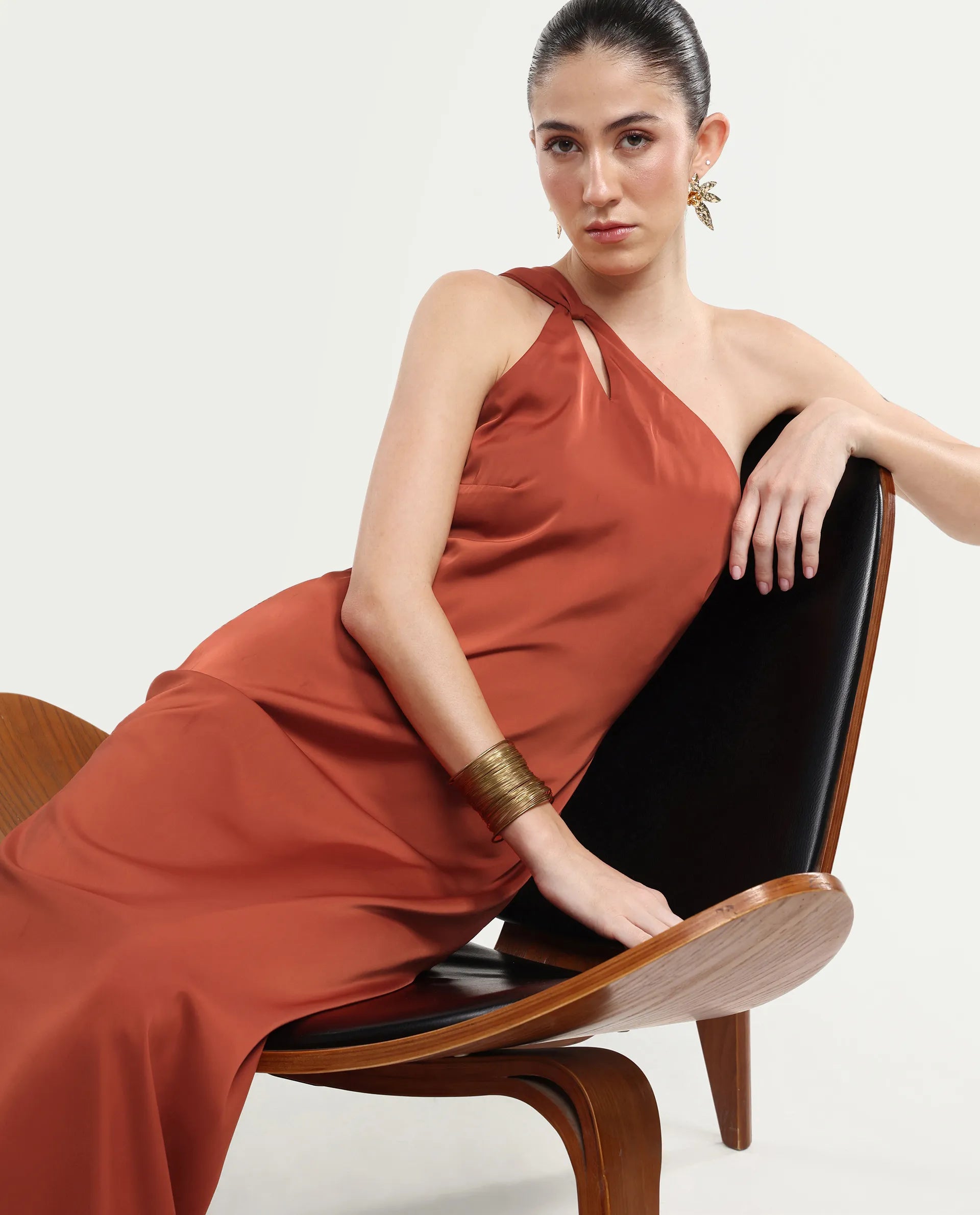 Rareism Women's Mrap Rust Polyester Sleeveless One Shoulder Straight Dress