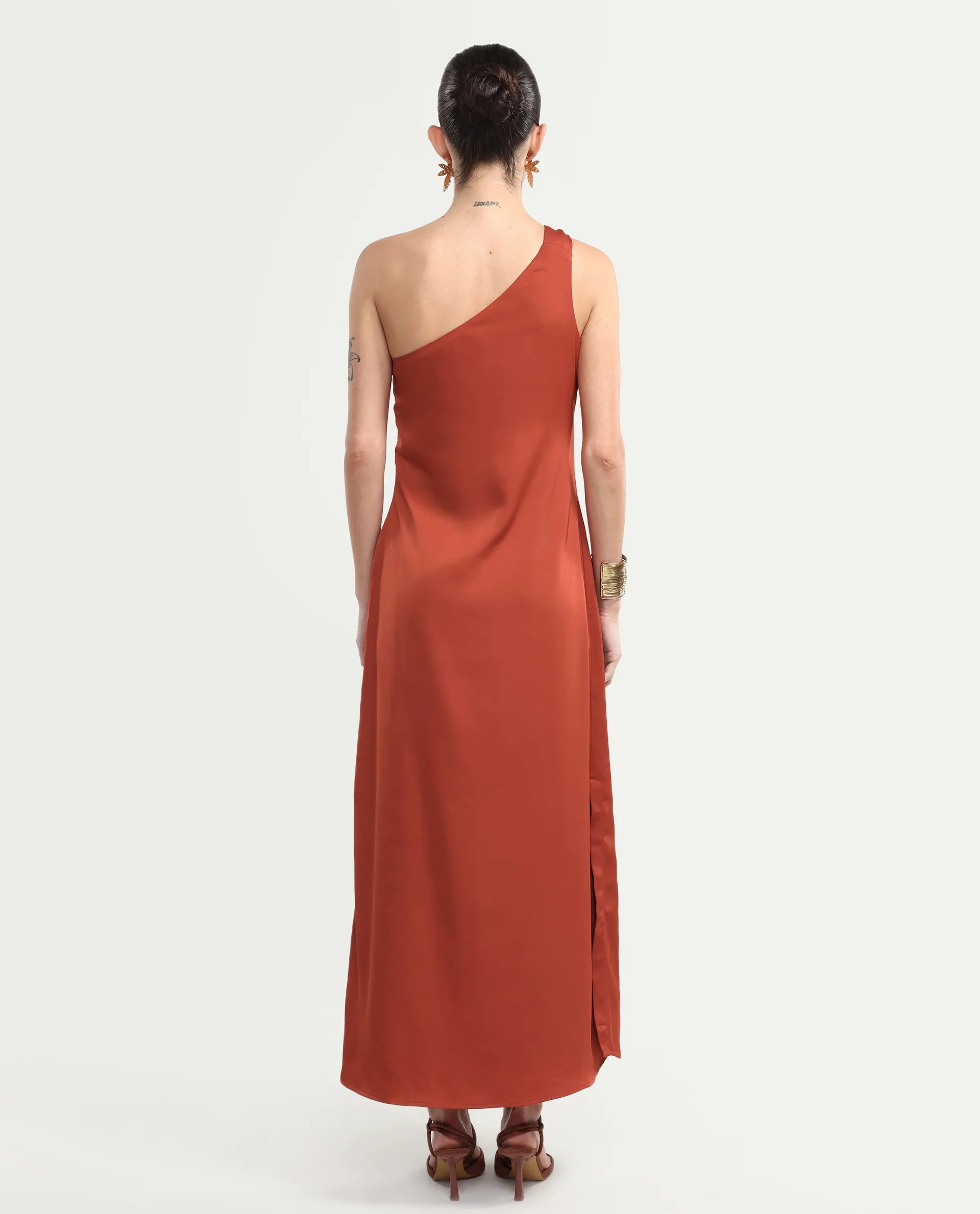 Rareism Women's Mrap Rust Polyester Sleeveless One Shoulder Straight Dress