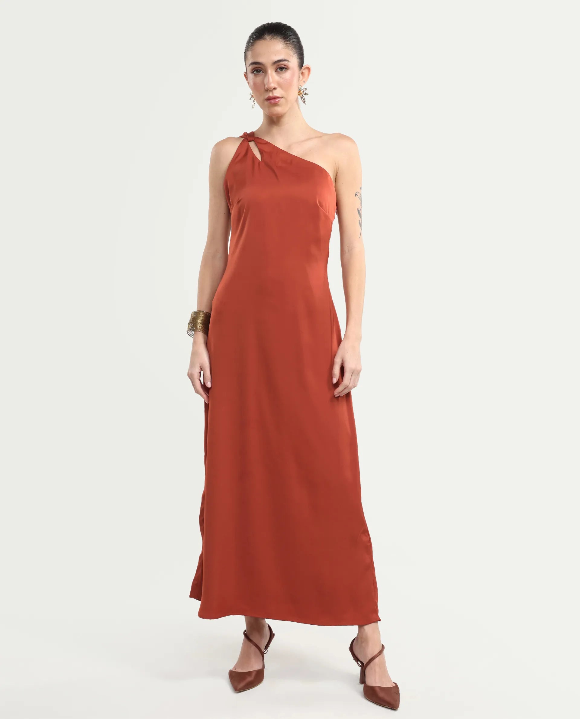 Rareism Women's Mrap Rust Polyester Sleeveless One Shoulder Straight Dress