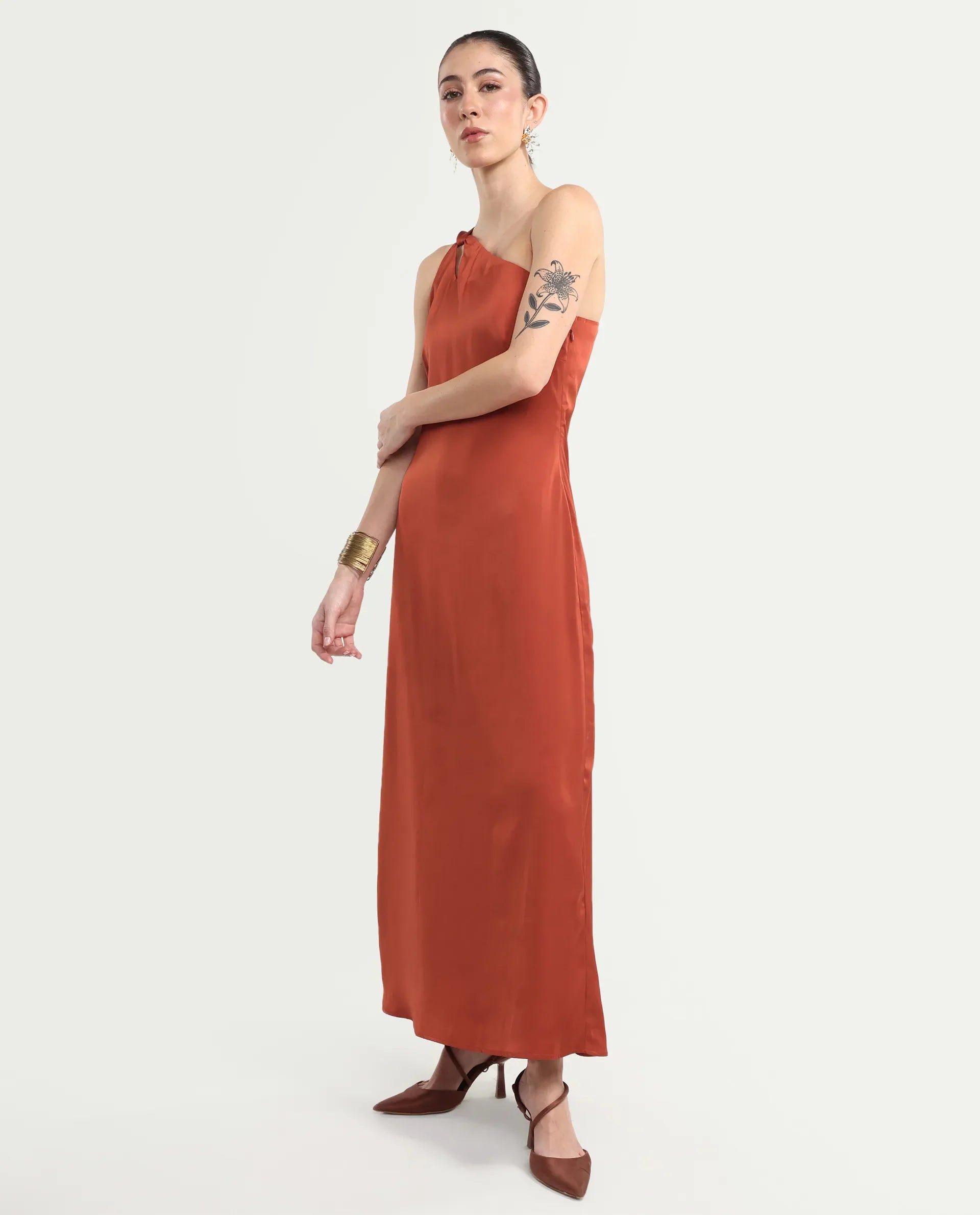 Rareism Women's Mrap Rust Polyester Sleeveless One Shoulder Straight Dress