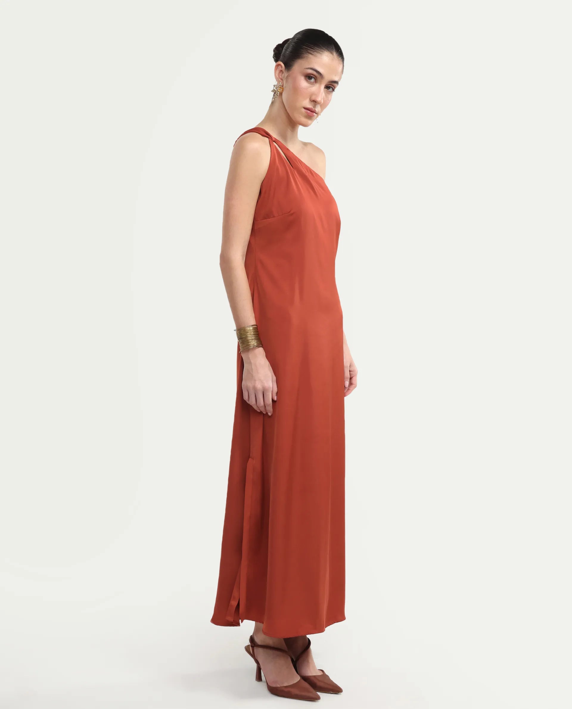 Rareism Women's Mrap Rust Polyester Sleeveless One Shoulder Straight Dress