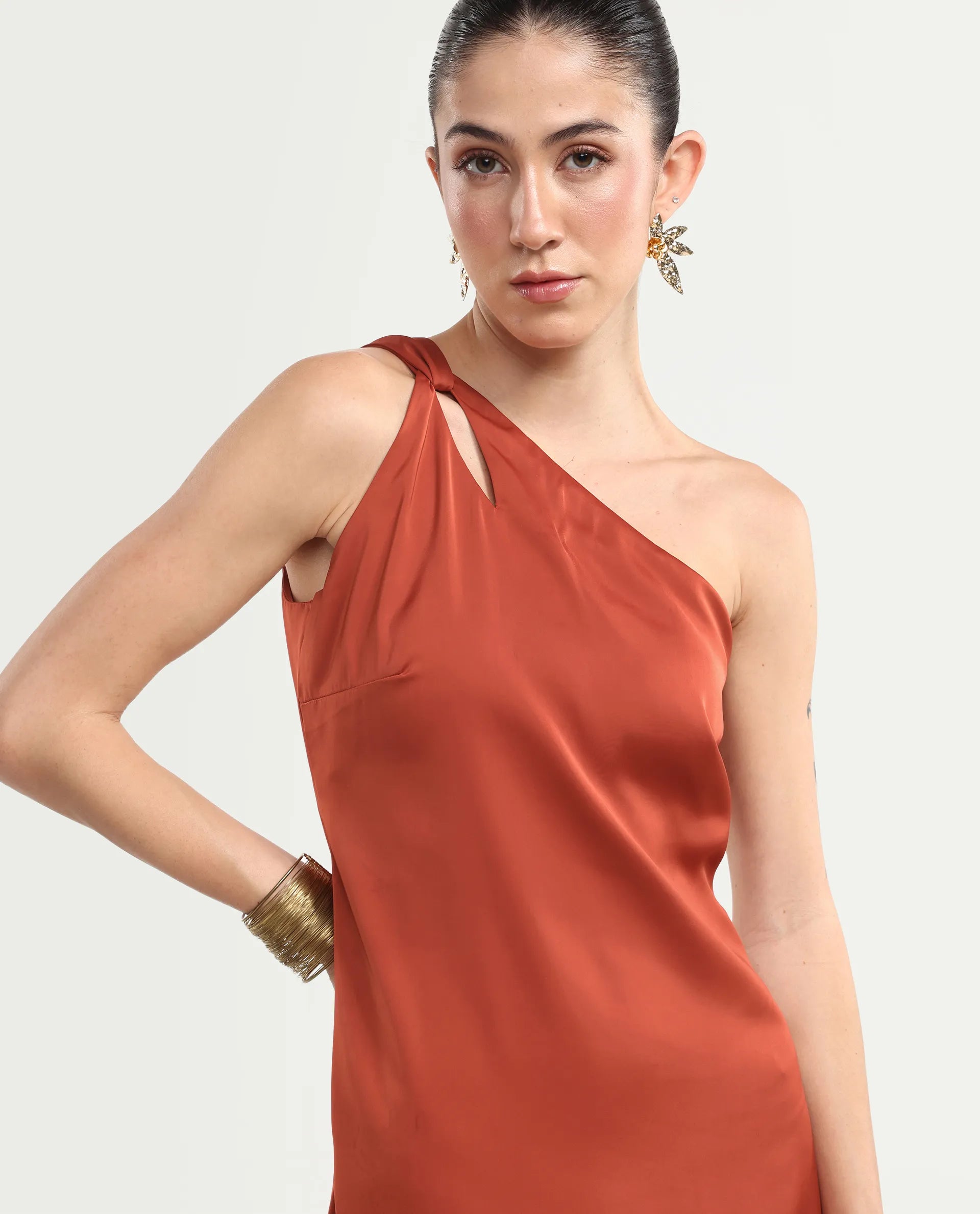 Rareism Women's Mrap Rust Polyester Sleeveless One Shoulder Straight Dress