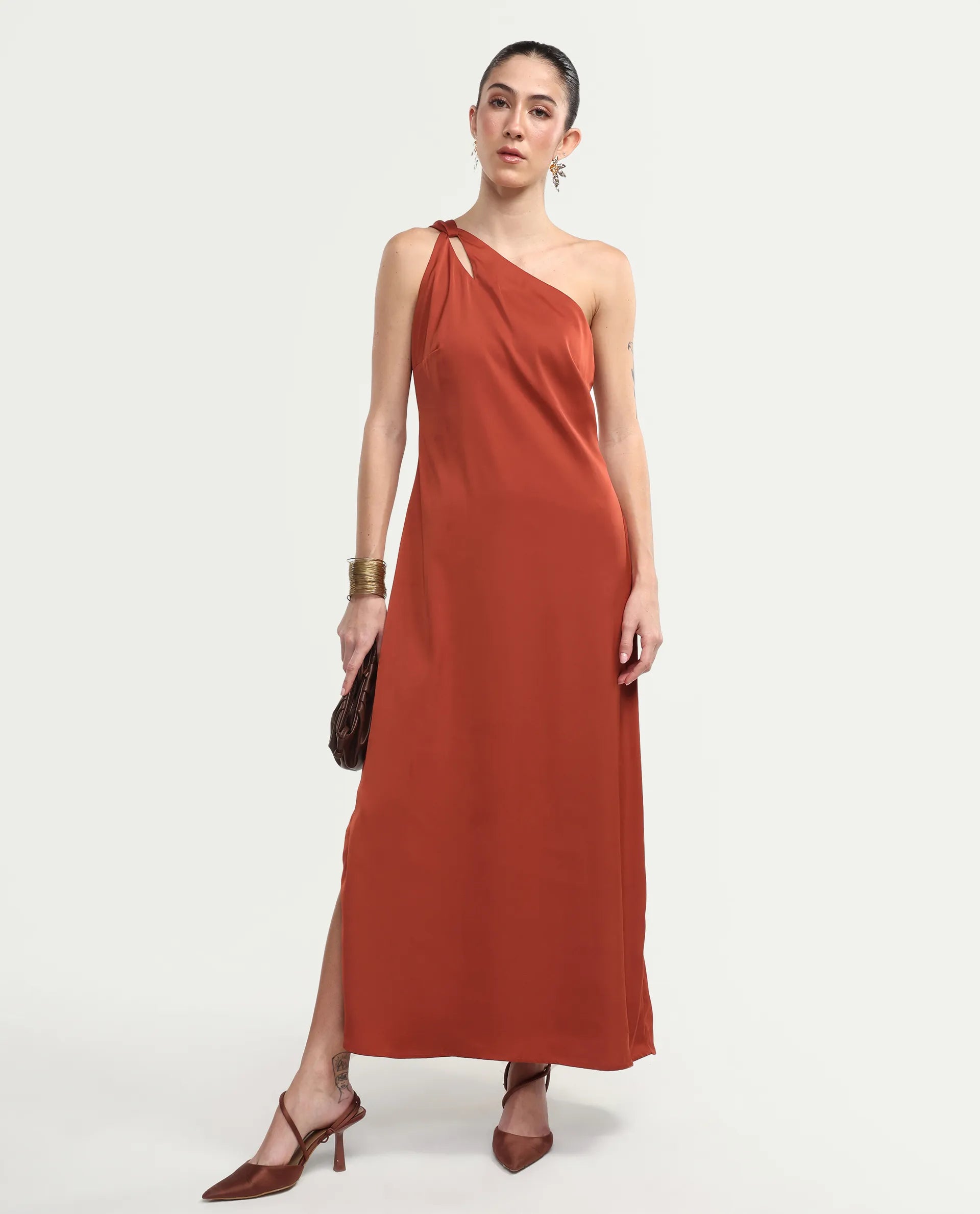 Rareism Women's Mrap Rust Polyester Sleeveless One Shoulder Straight Dress