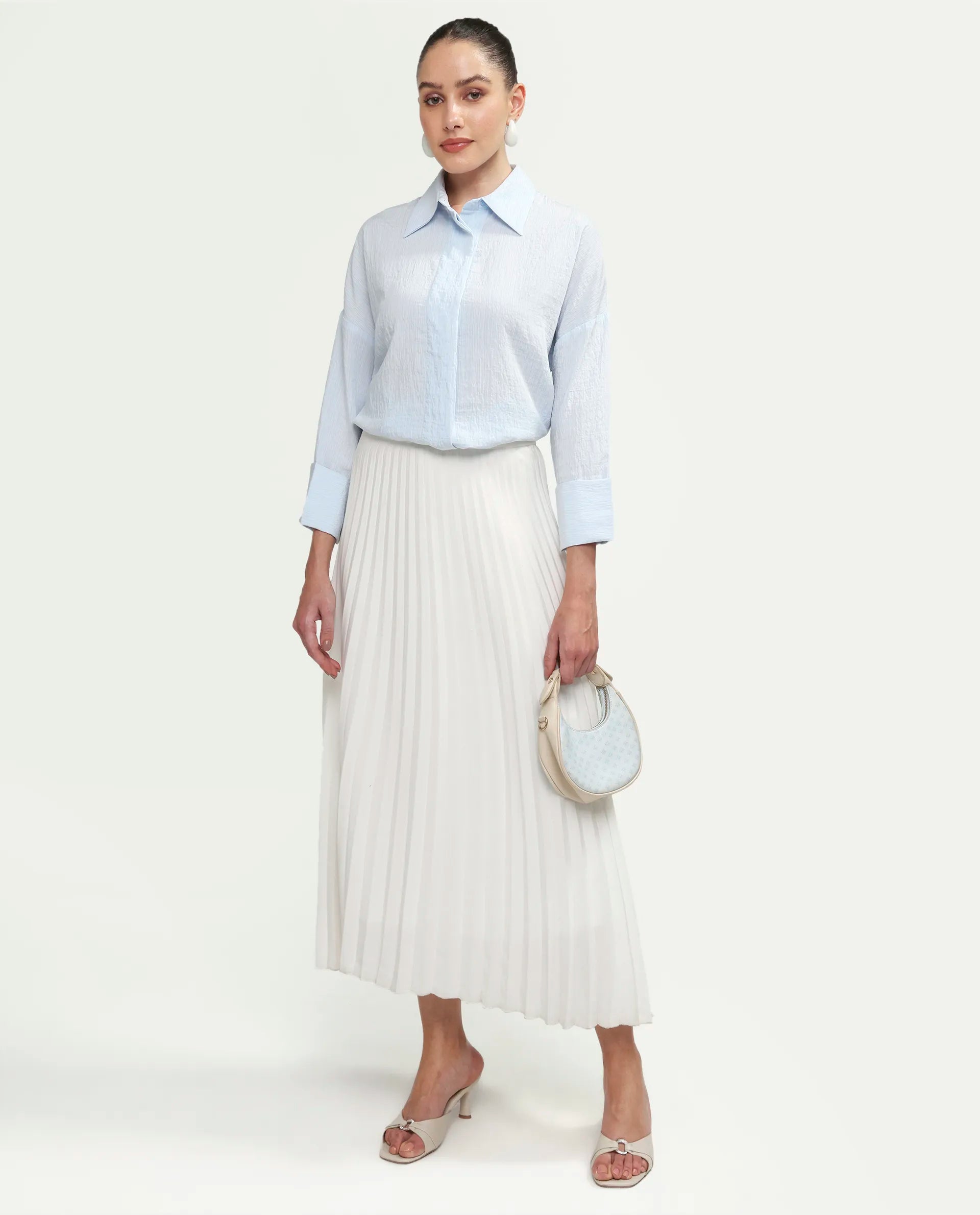 Rareism Women's Davi Light Blue Viscose Blend Full Sleeve Collared Relaxed Plain Shirt