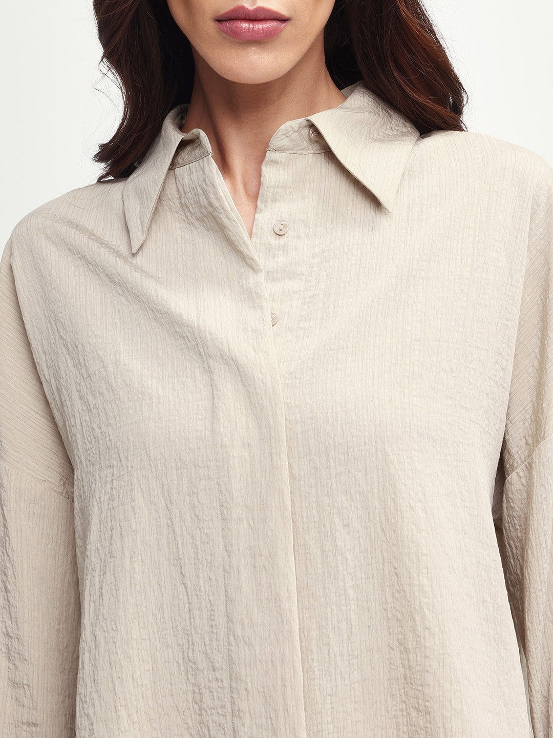 Rareism Women's Davi Beige Viscose Blend Full Sleeve Spread Collar Button Oversized Plain Shirt Oversize