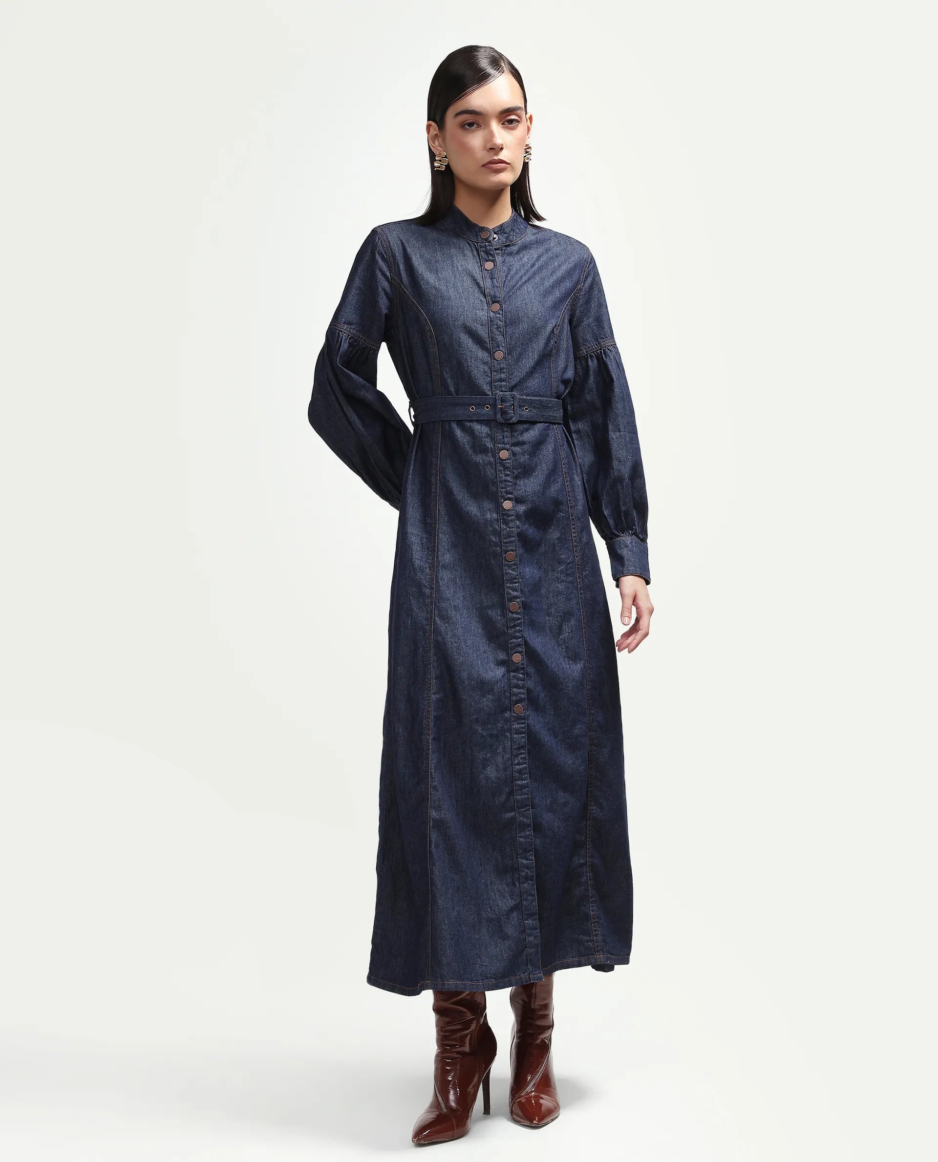 Rareism Women's Denzia Dark Blue Cotton Full Sleeve Spread Collar Regular Fit Plain Dress