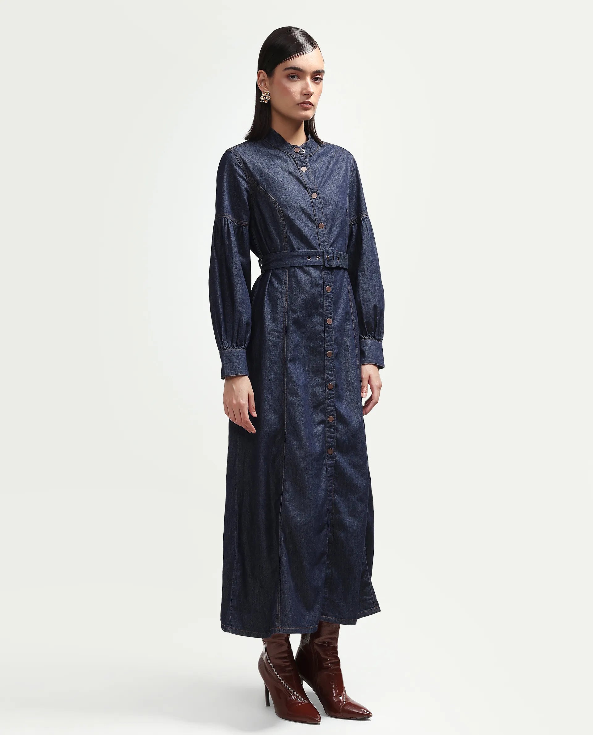 Rareism Women's Denzia Dark Blue Cotton Full Sleeve Spread Collar Regular Fit Plain Dress