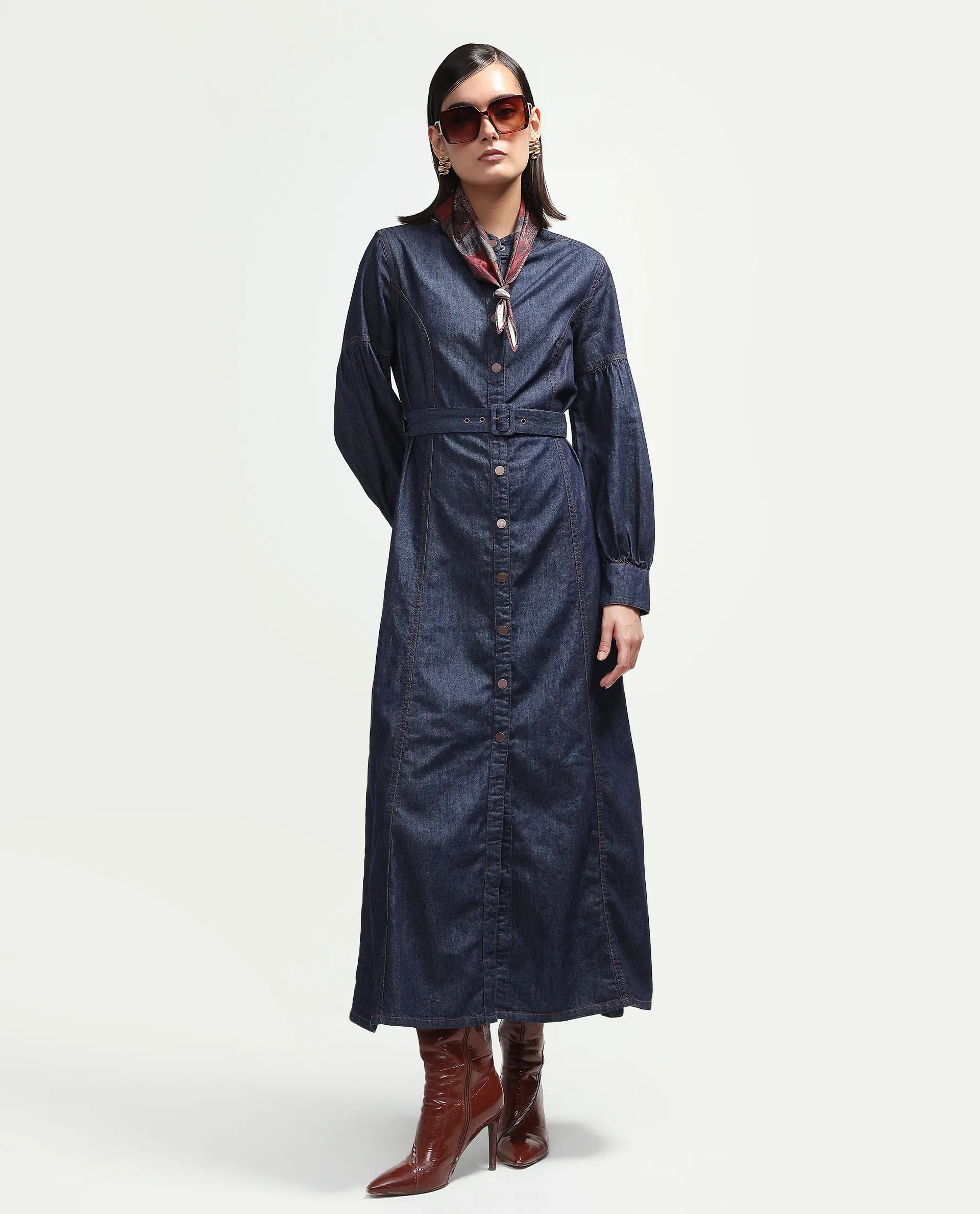 Rareism Women's Denzia Dark Blue Cotton Full Sleeve Spread Collar Regular Fit Plain Dress