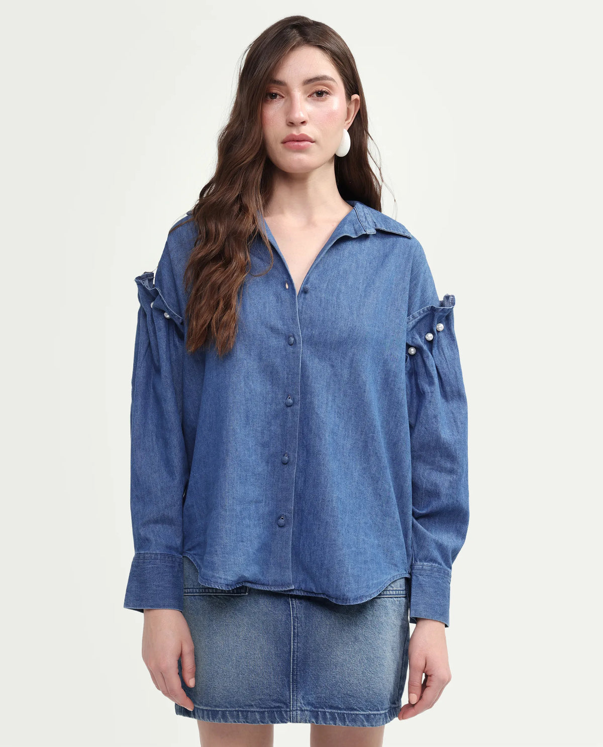Rareism Women's Denfila Light Blue Cotton Full Sleeve Spread Collar Regular Fit Shirt