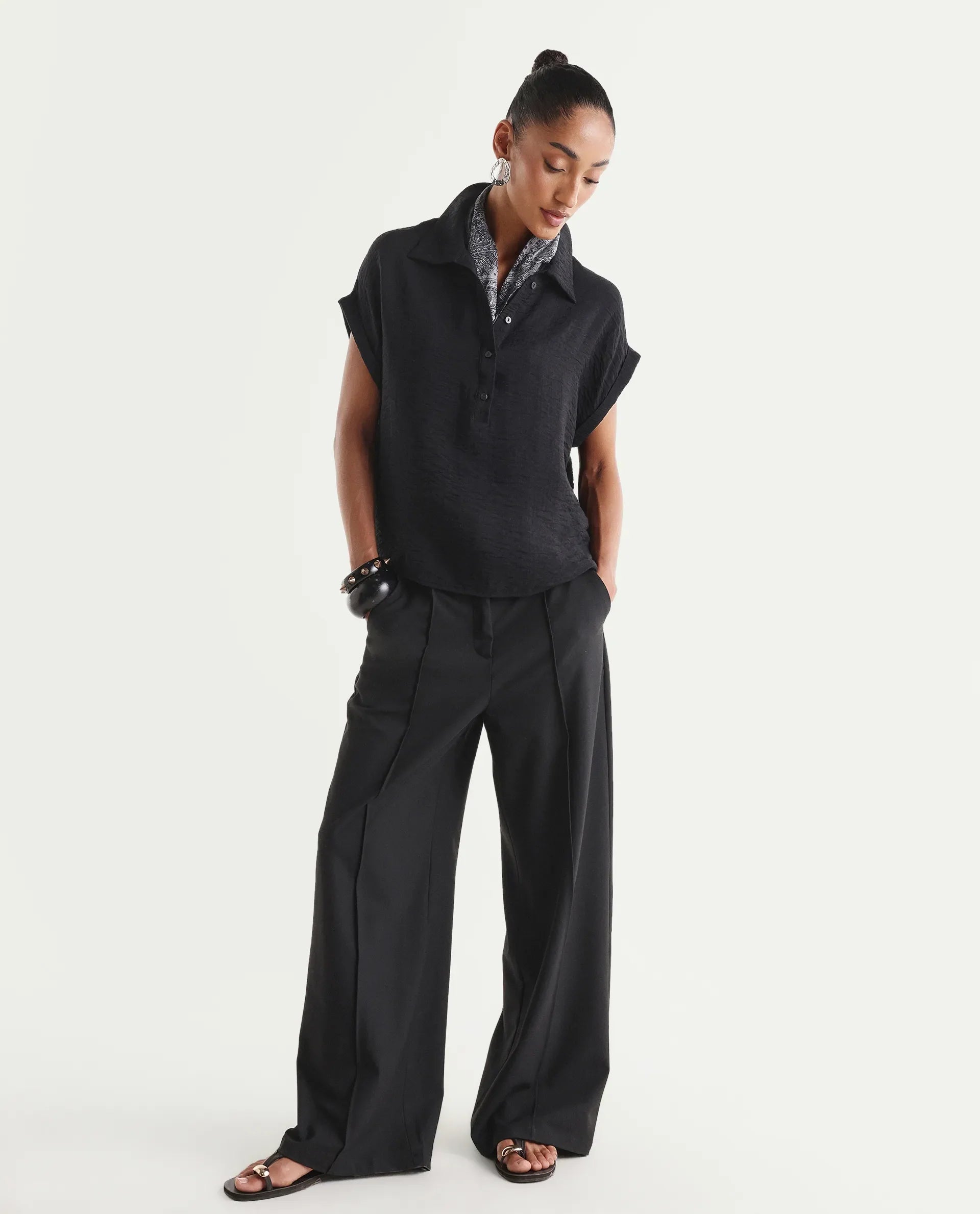 Rareism Women's Halm Black Viscose Blend Spread Collar Relaxed Plain Top