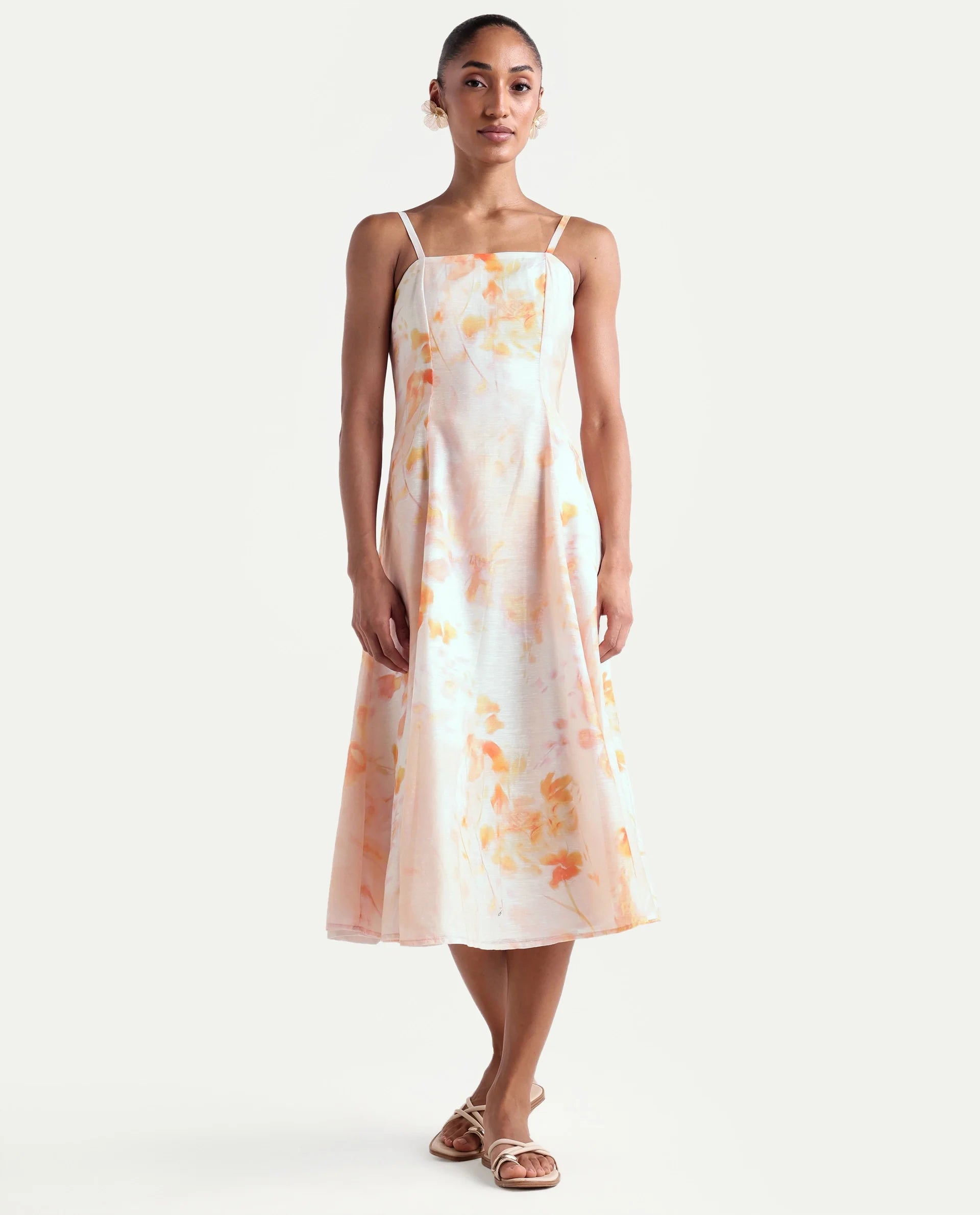 Rareism Women's Heth Pastel Peach Linen Blend Square Neck Fit And Flare All Over Print Dress