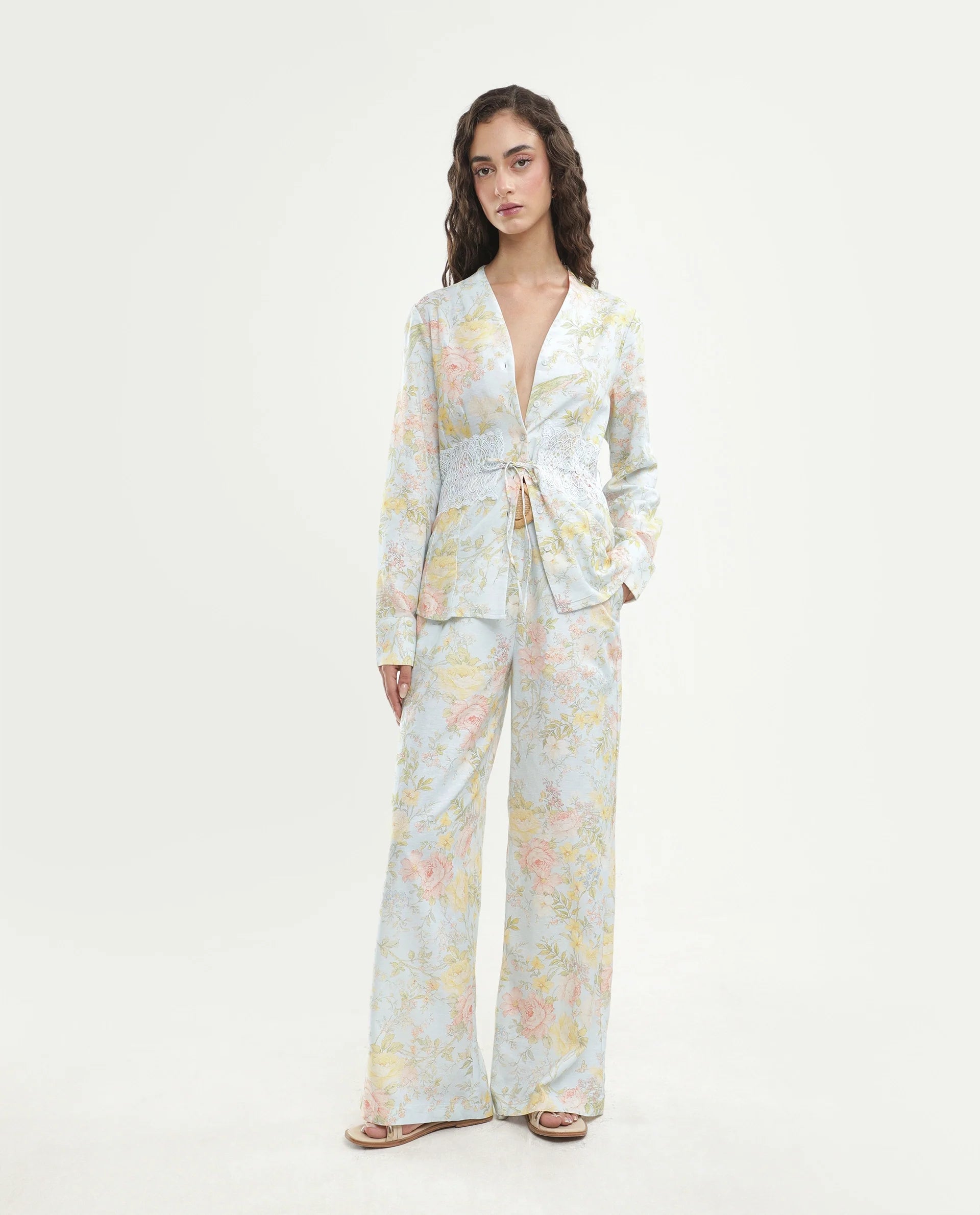 Rareism Women's Rufle-B Pastel Blue Viscose Blend Fabric Straight Floral Print Trouser