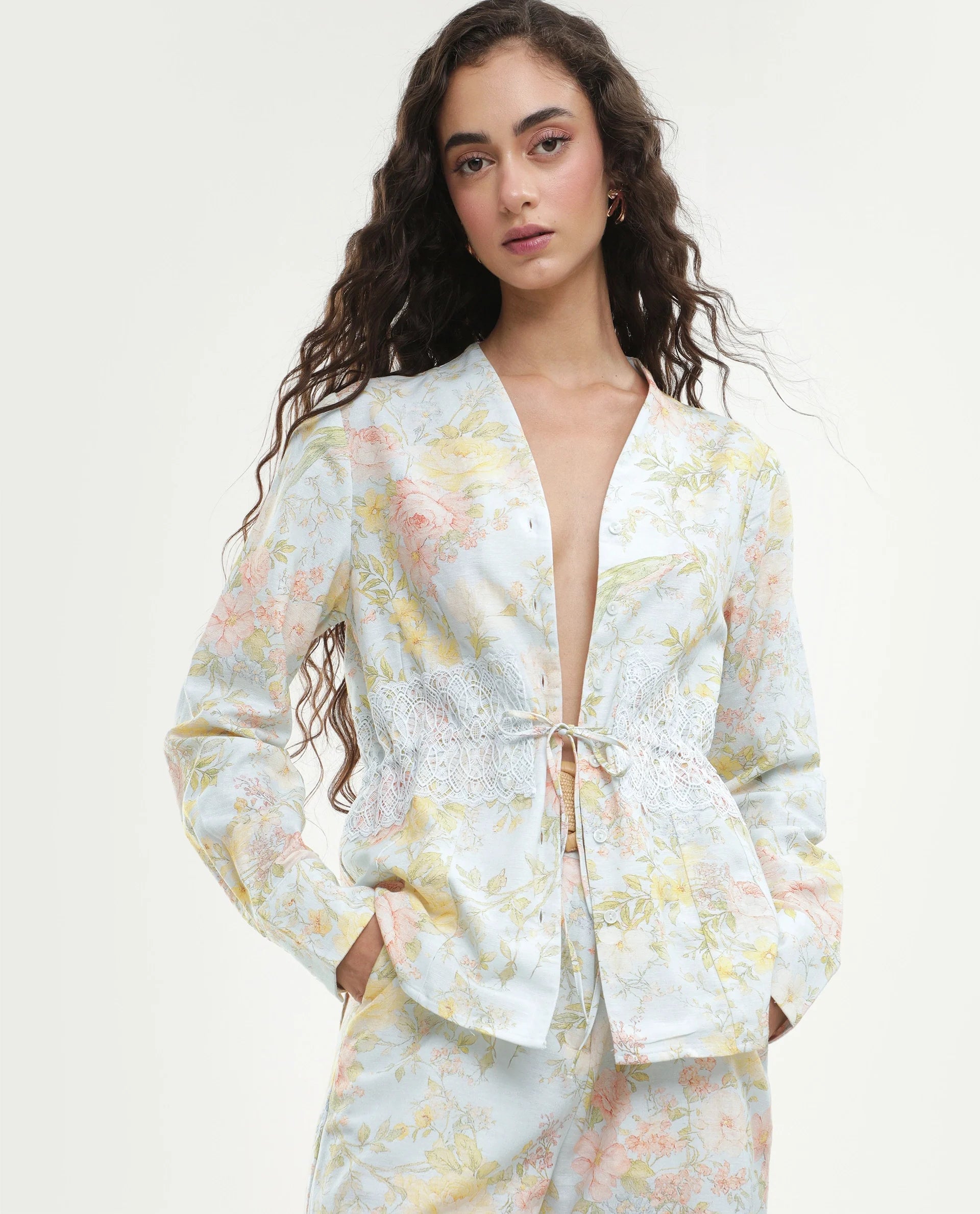 Rareism Women's Rufle-T Pastel Blue Viscose Blend Fabric Spread Collar Regular Floral Print Top