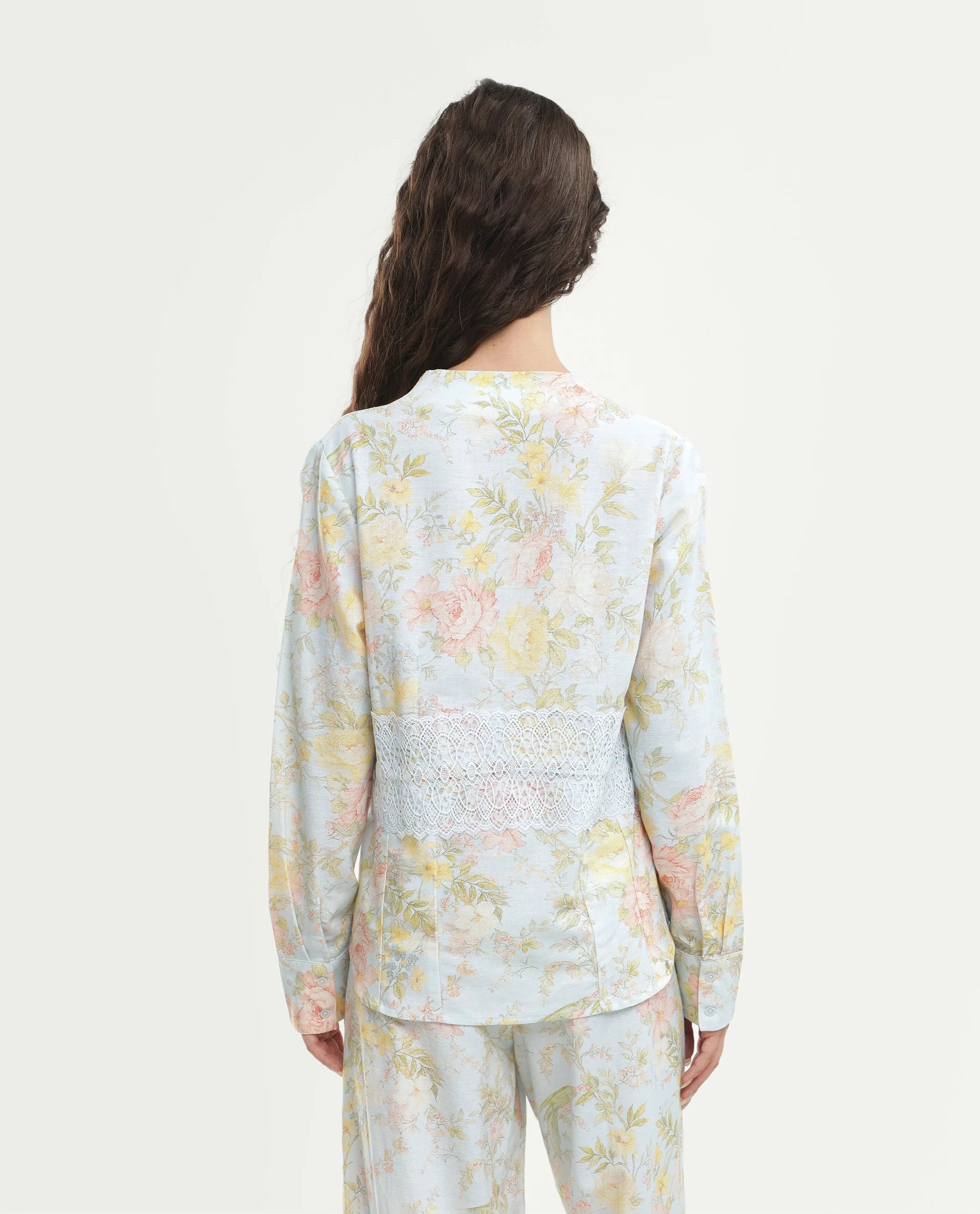 Rareism Women's Rufle-T Pastel Blue Viscose Blend Fabric Spread Collar Regular Floral Print Top