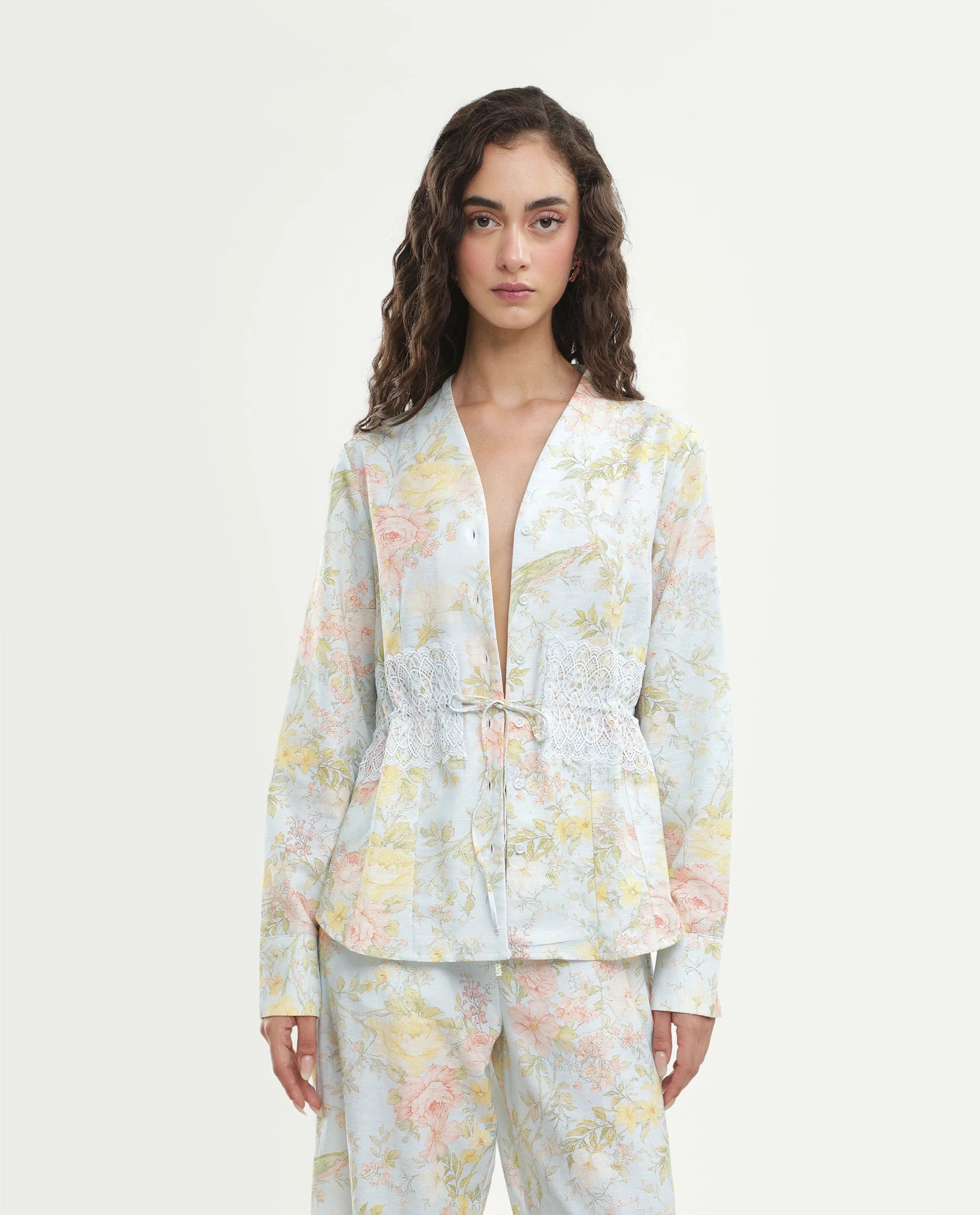Rareism Women's Rufle-T Pastel Blue Viscose Blend Fabric Spread Collar Regular Floral Print Top