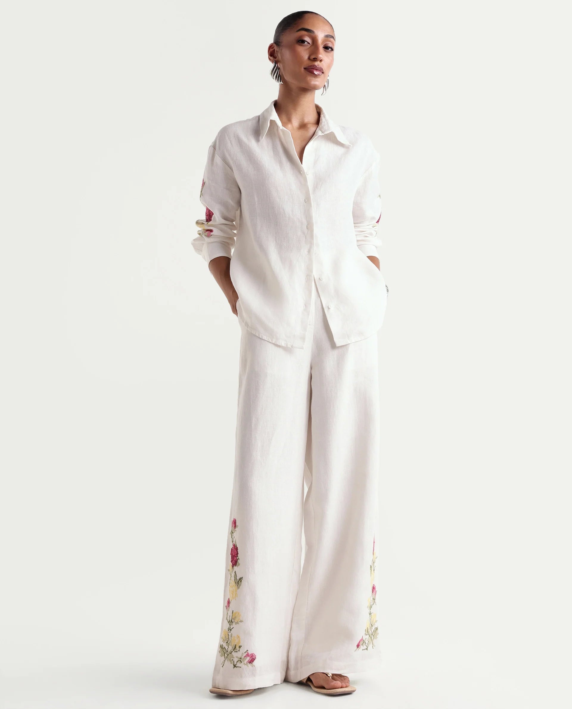 Rareism Women's Taish-B Light Off-White 100% Linen Wide Plain Trouser