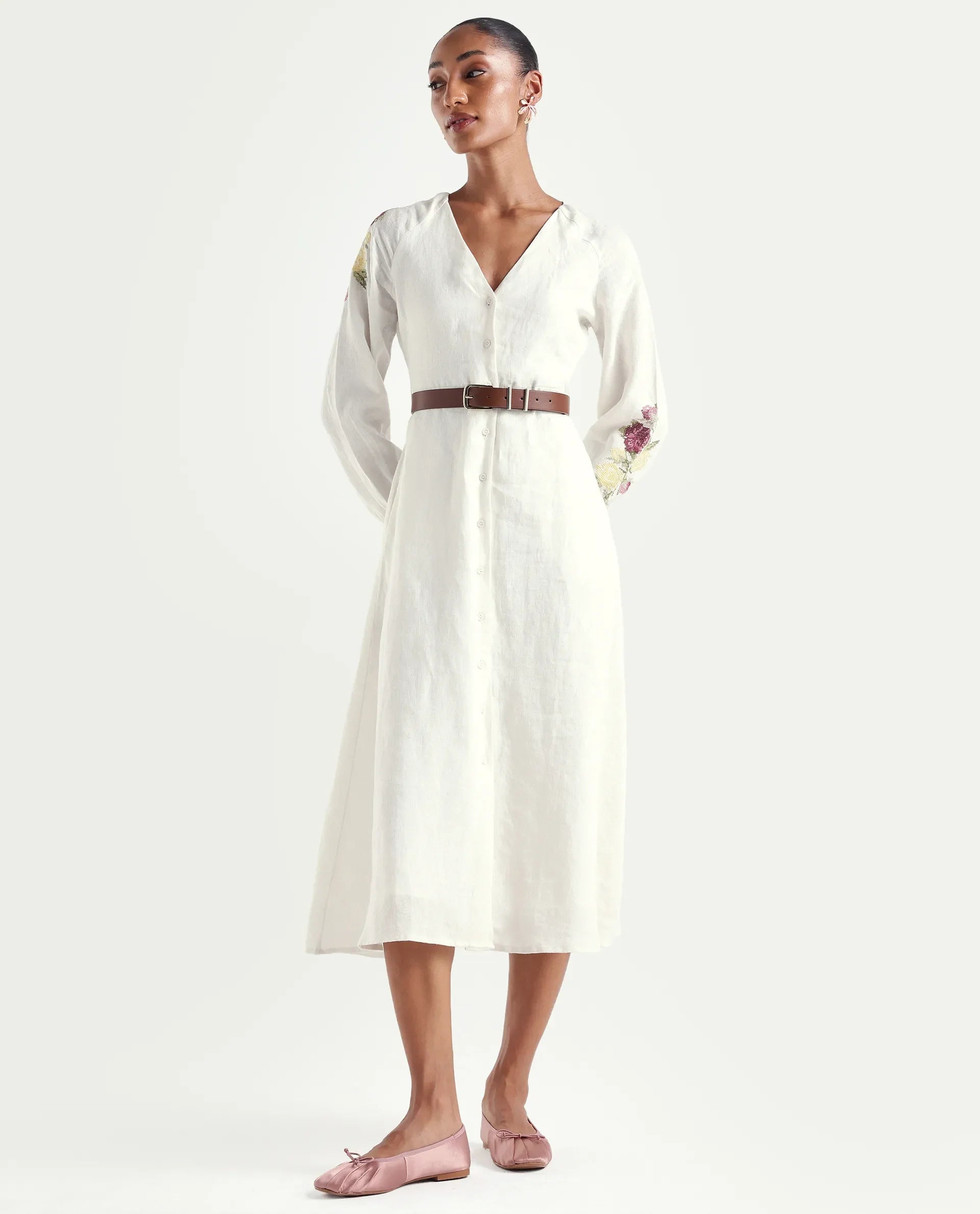 Rareism Women's Tiana Off White 100% Linen Mandarin Collar Button Relaxed Plain Dress