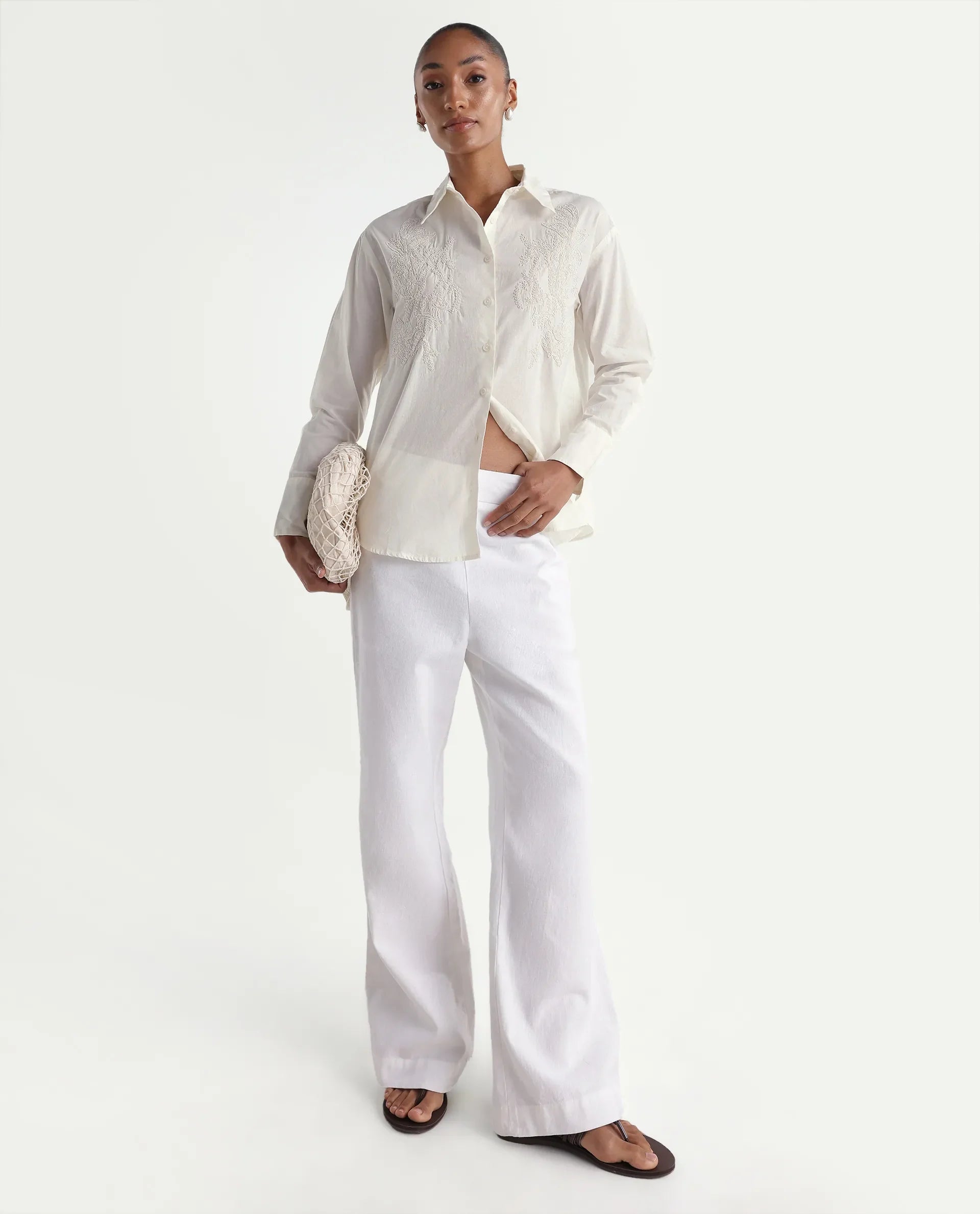 Rareism Women's Torim Light Off White Cotton Spread Collar Button Regular Plain Shirt