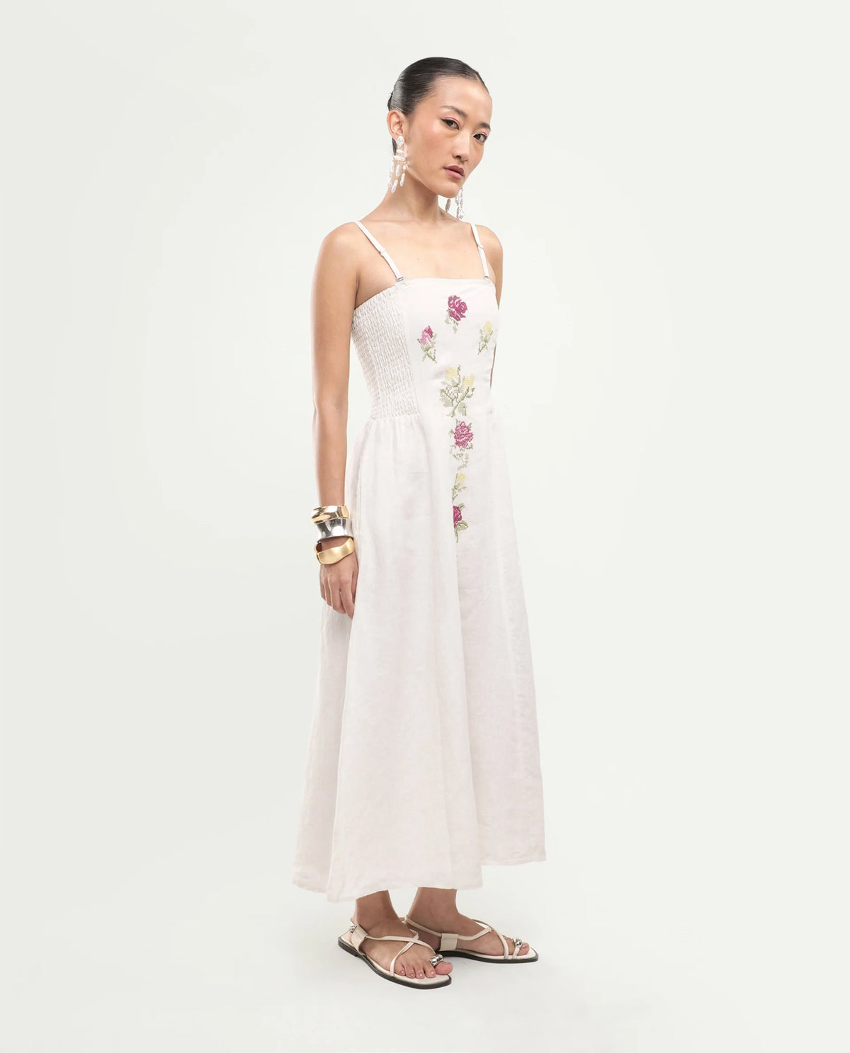 Rareism Women's Treler Light Off-White Linen Tube Neck Fit And Flare Plain Dress