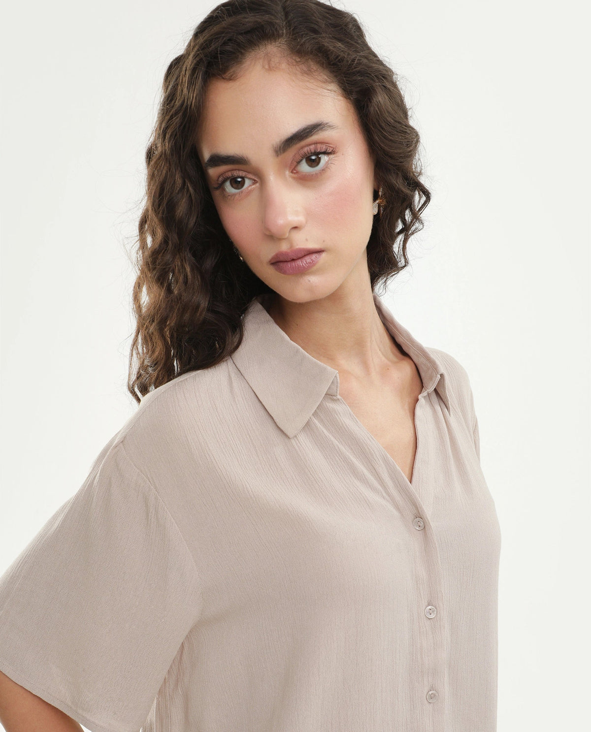 Rareism Women's Vaxon-T Beige Viscose Fabric Johnny Collar Relaxed Plain Top