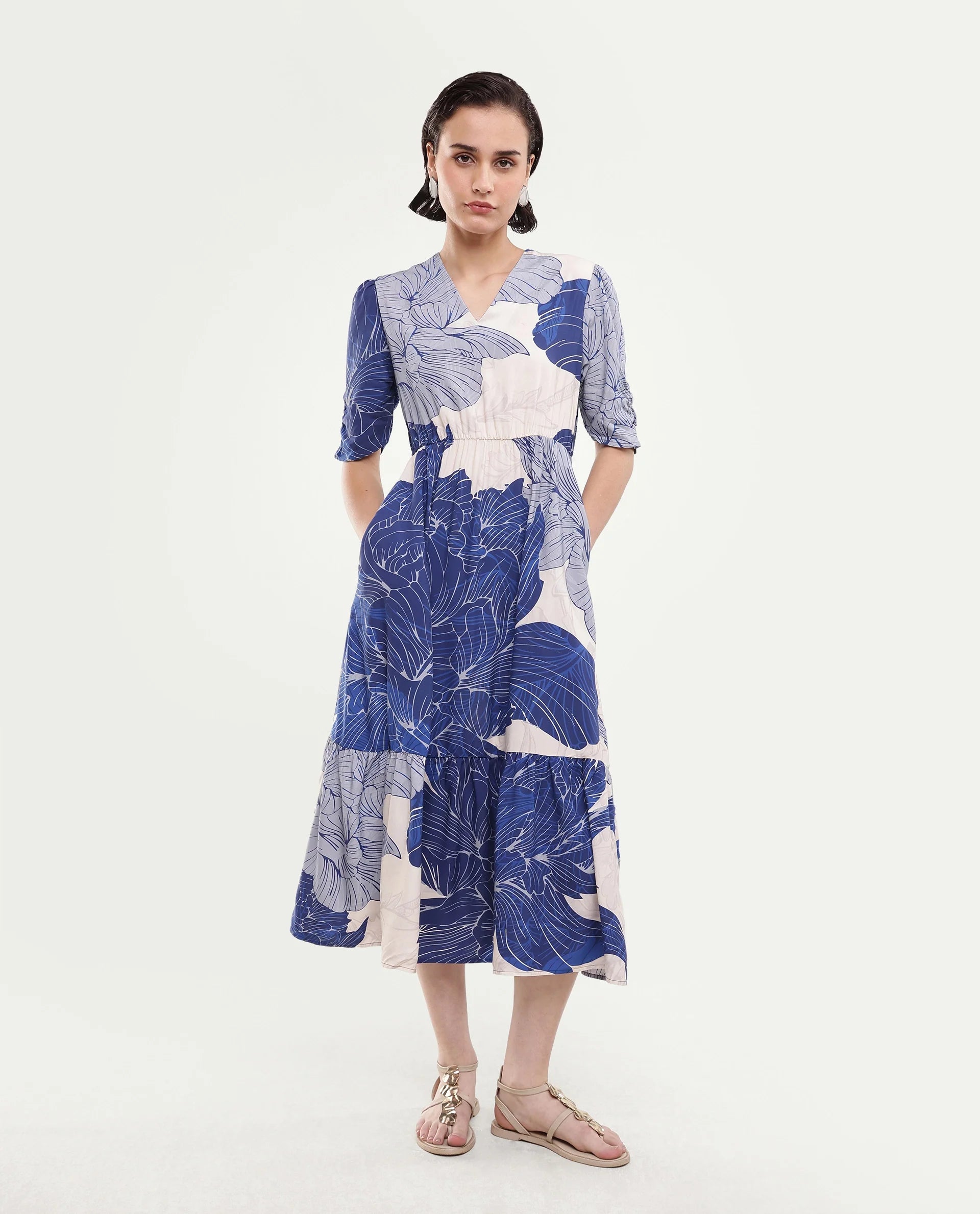 Rareism Women's Vuxon Blue Viscose V-Neck Fit And Flare Floral Print Dress