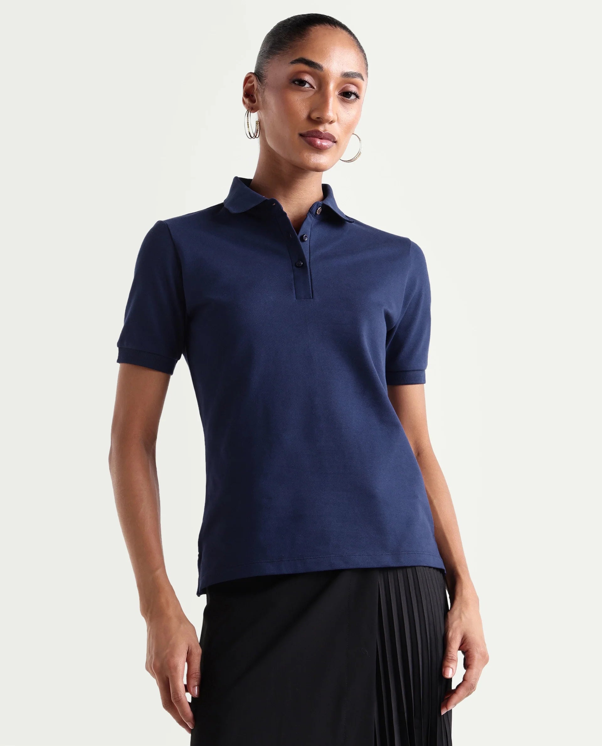 Rareism Women's Basic Rr-Corp-Elane Navy Cotton CollaredRegular Plain Polo
