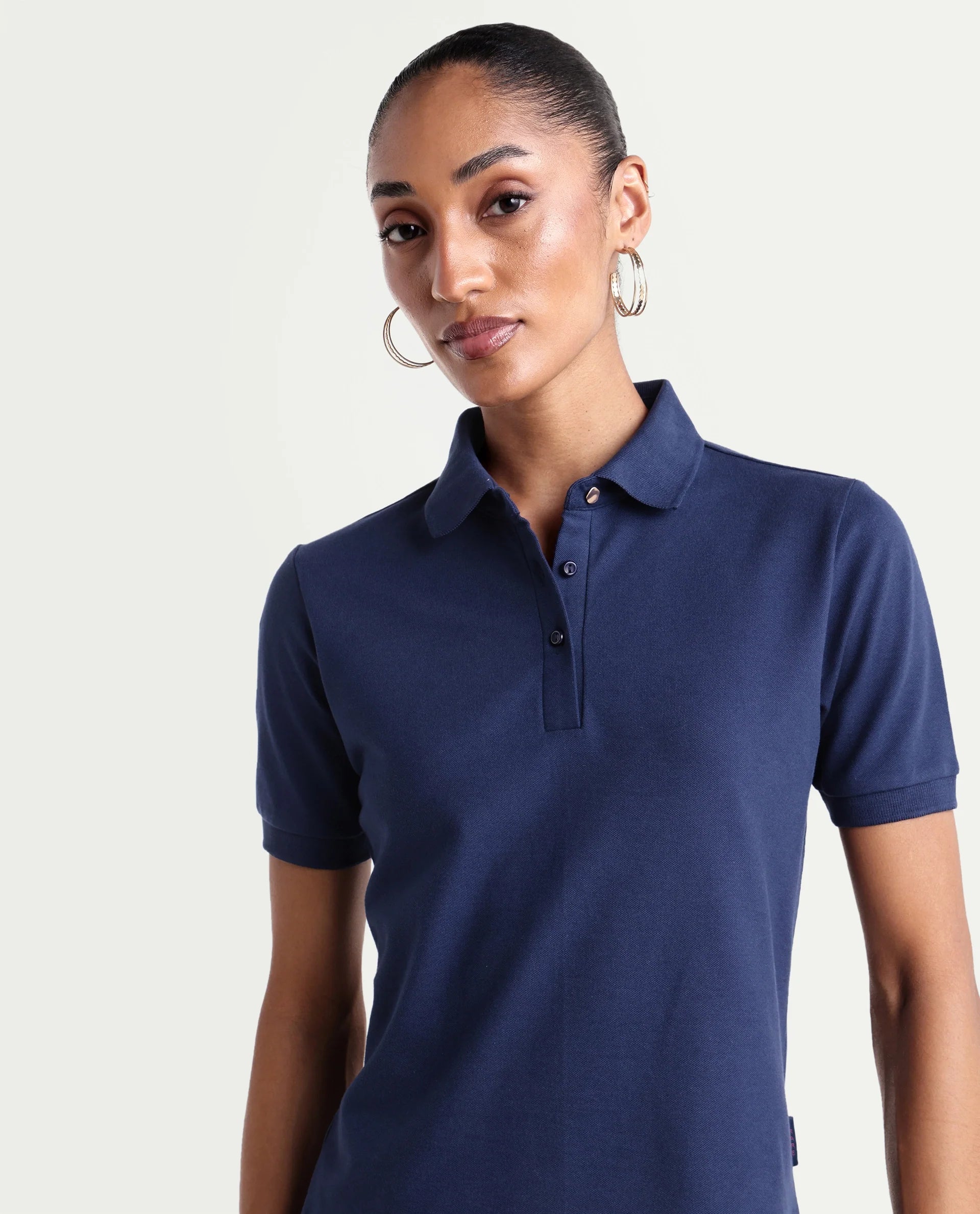 Rareism Women's Basic Rr-Corp-Elane Navy Cotton CollaredRegular Plain Polo
