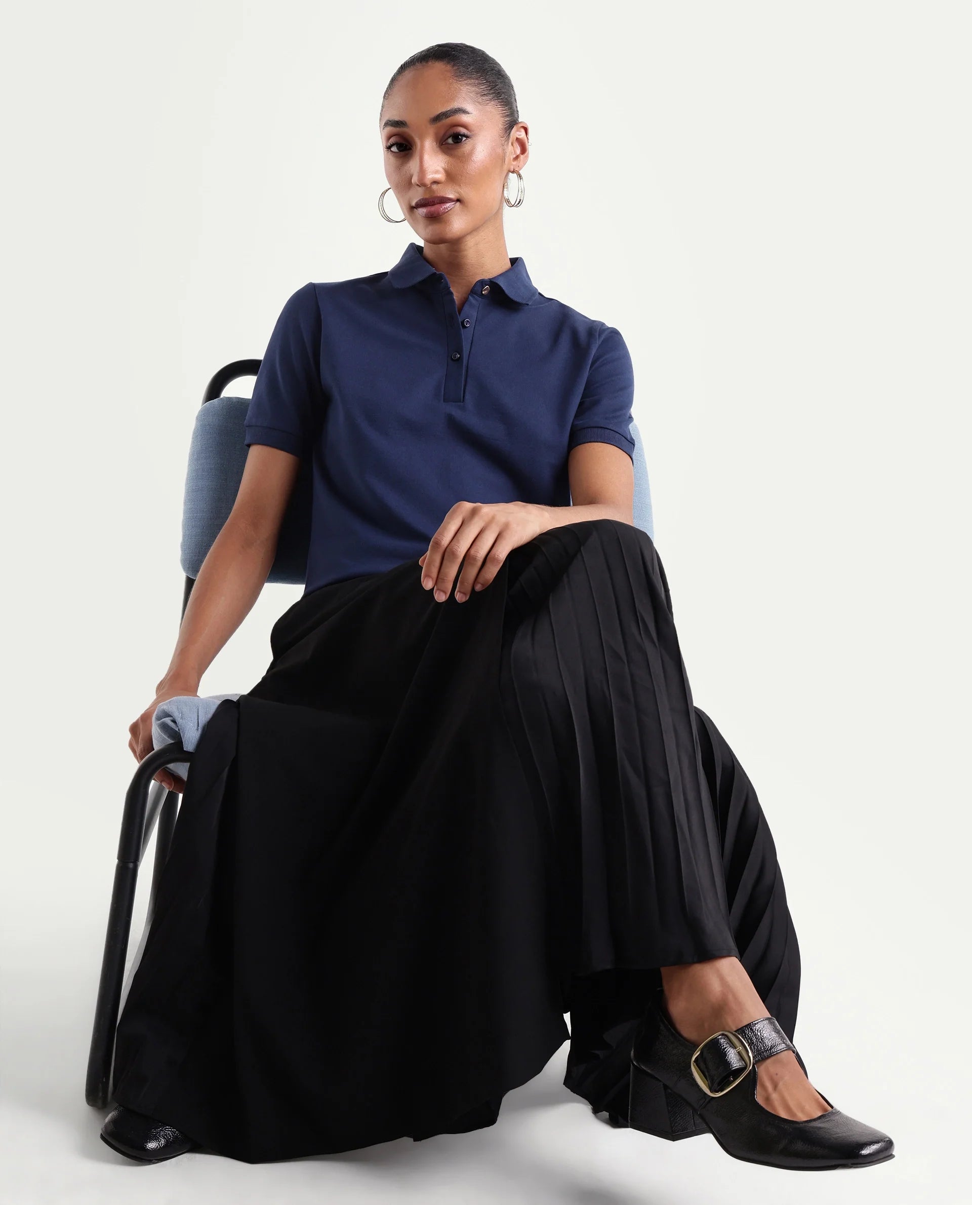 Rareism Women's Basic Rr-Corp-Elane Navy Cotton CollaredRegular Plain Polo
