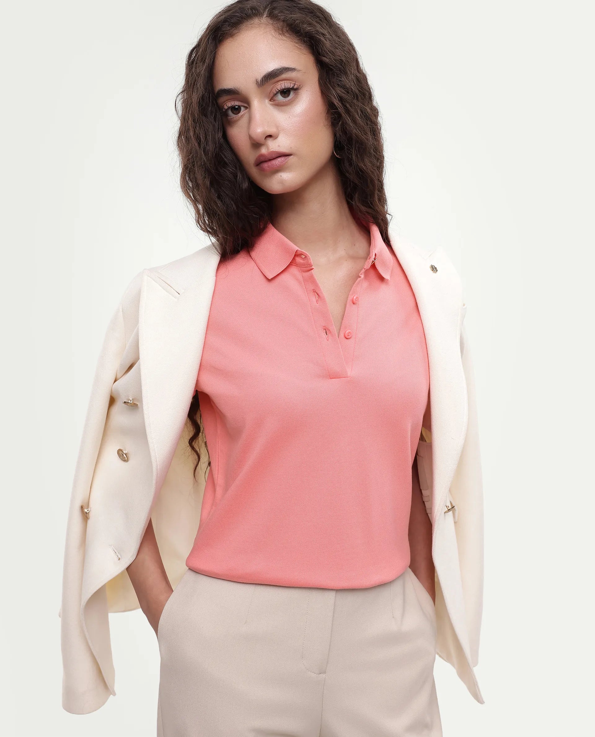 Rareism Women's Basic Rr-Corp-Elane Peach Cotton Blend Collar Regular Plain Polo